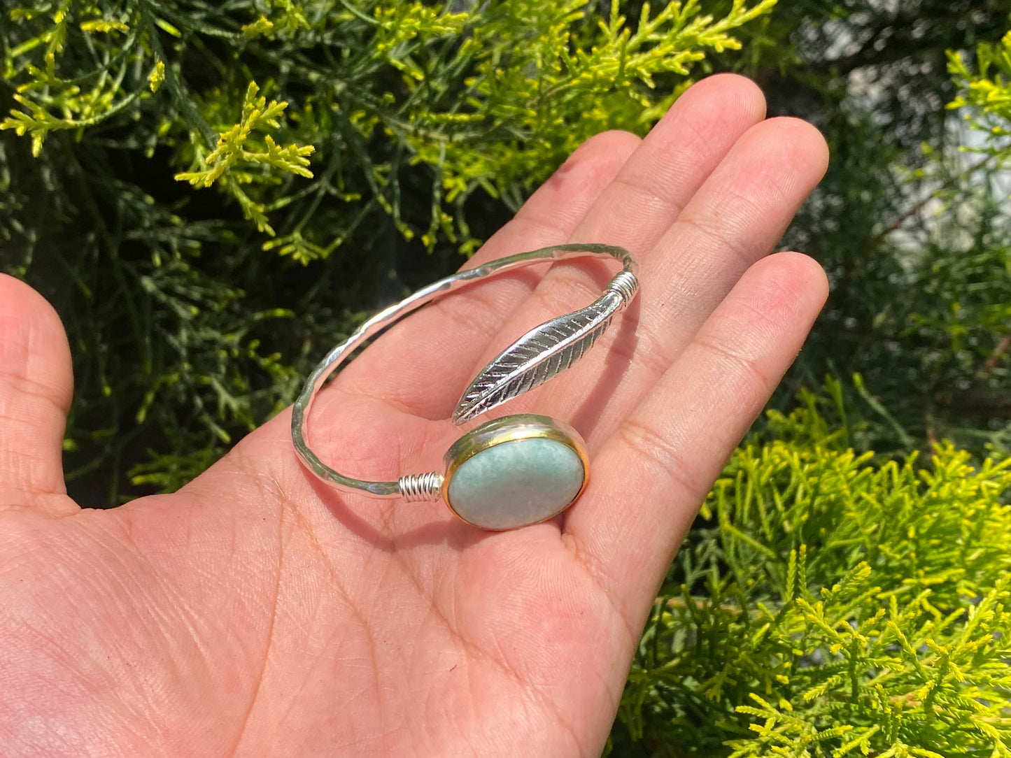 Unique hammered leaf designed bracelet for daily wear, Turquoise Adorned cuff bracelet, Gold and silver overlay Bracelet, Aesthetic bracelet