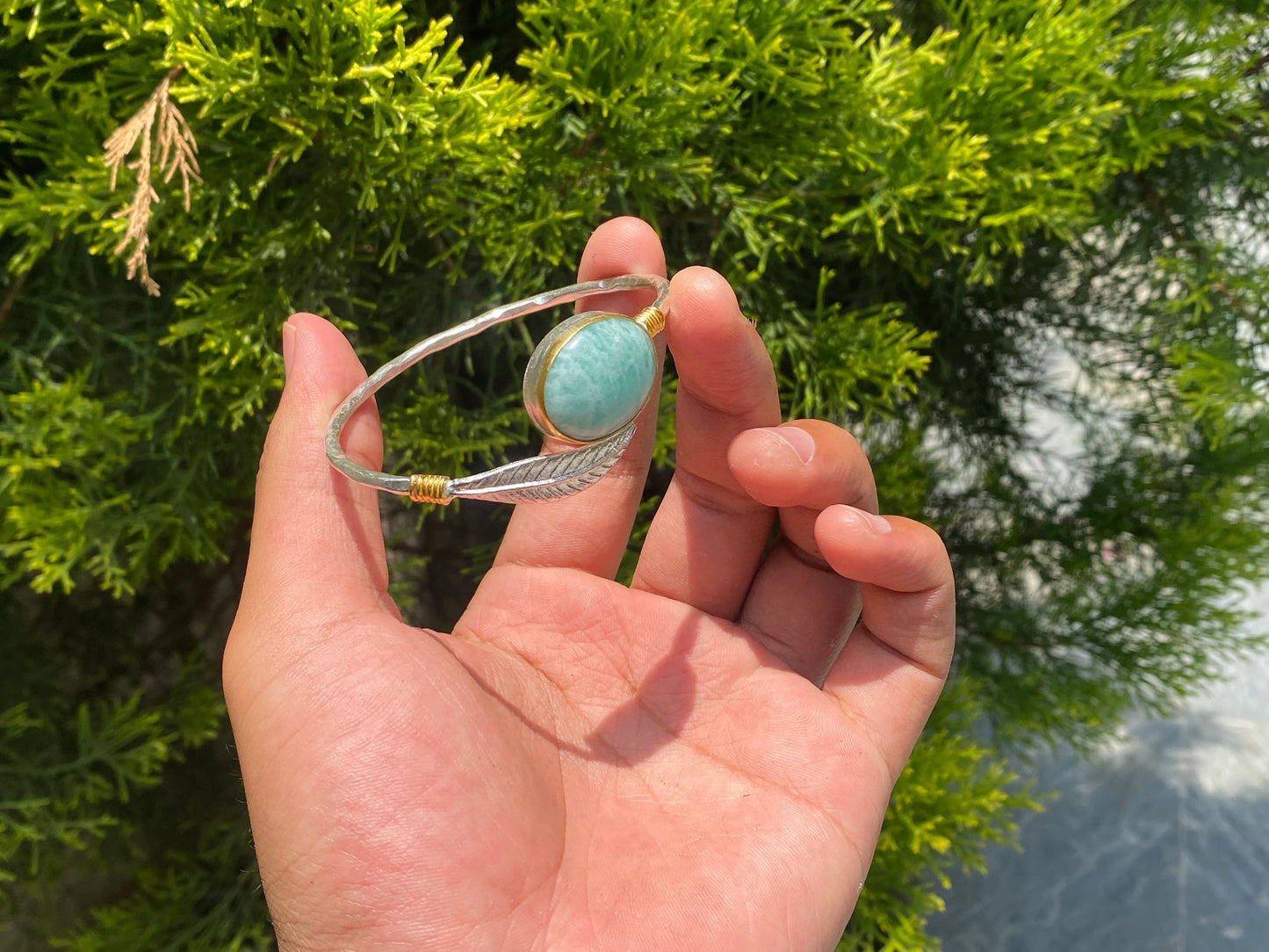 Unique hammered leaf designed bracelet for daily wear, Turquoise Adorned cuff bracelet, Gold and silver overlay Bracelet, Aesthetic bracelet