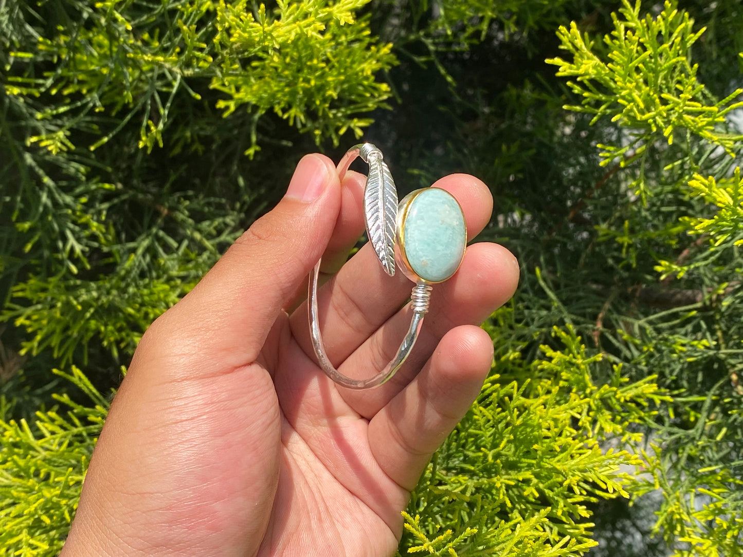 Unique hammered leaf designed bracelet for daily wear, Turquoise Adorned cuff bracelet, Gold and silver overlay Bracelet, Aesthetic bracelet
