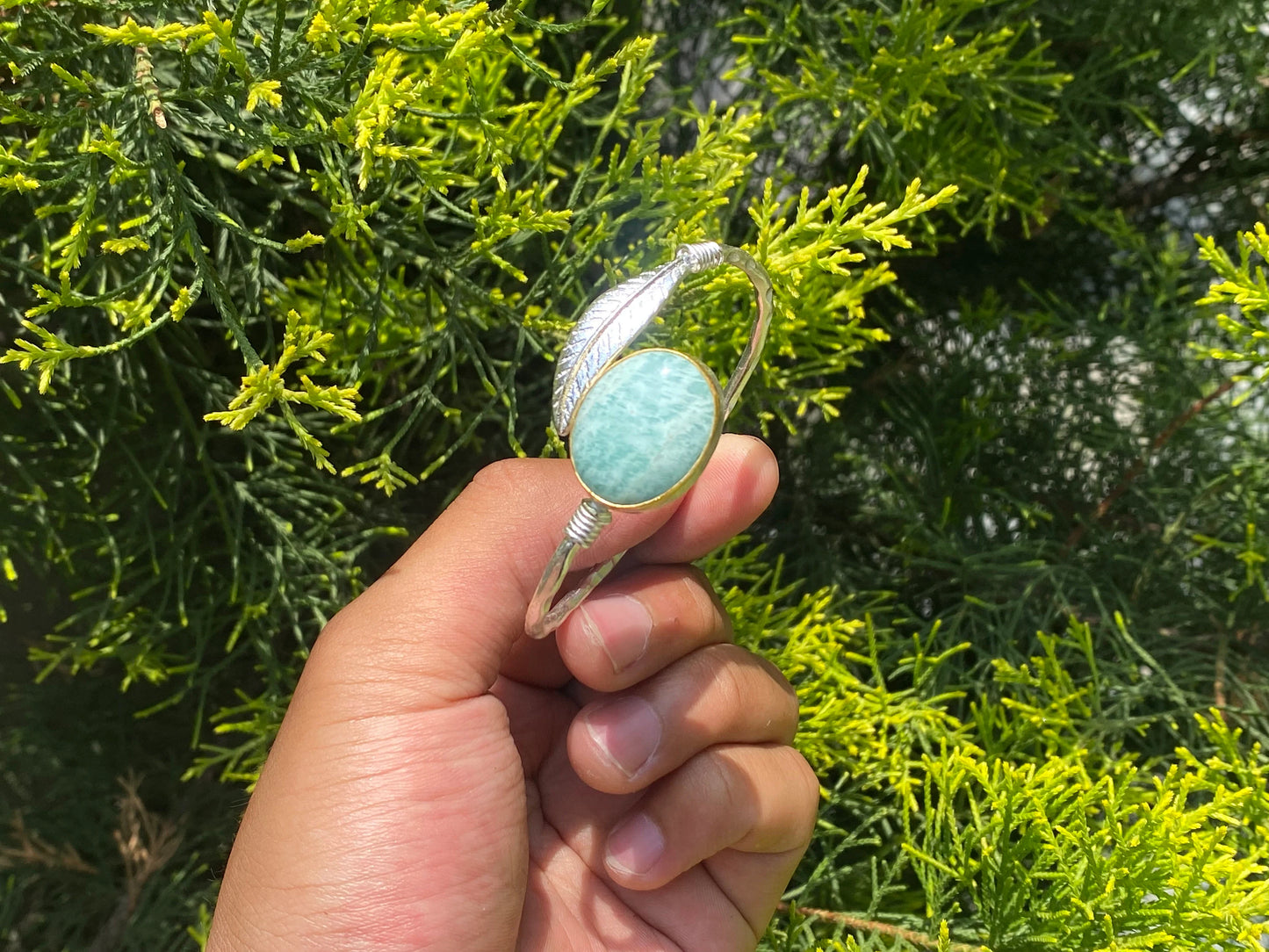 Unique hammered leaf designed bracelet for daily wear, Turquoise Adorned cuff bracelet, Gold and silver overlay Bracelet, Aesthetic bracelet