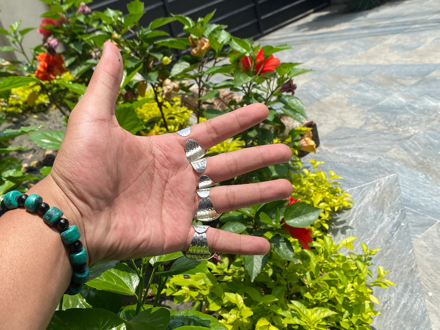 Unisex Adjustable Ring, Handmade Ring, Hammered Ring, Two Tone Ring, Natural Turquoise adorned ring.