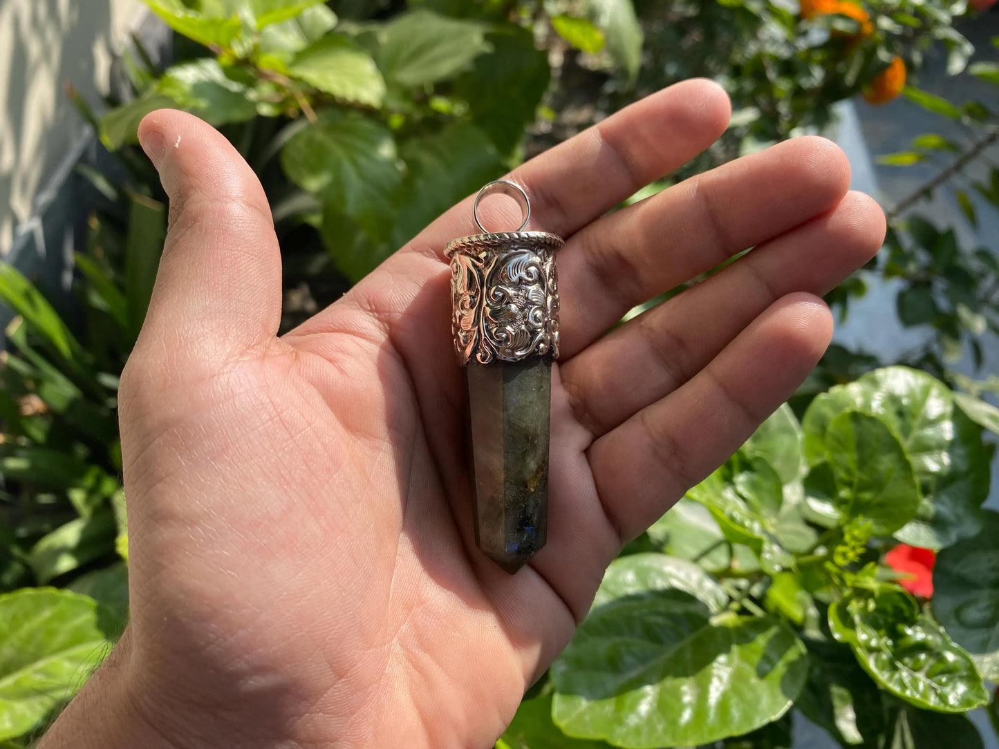 Tibetan Silver Labradorite Pendant | Unisex Artisan Design Jewelry, Natural Stone Pendant, Handmade Unique Gift, Pointed Healing Pendant