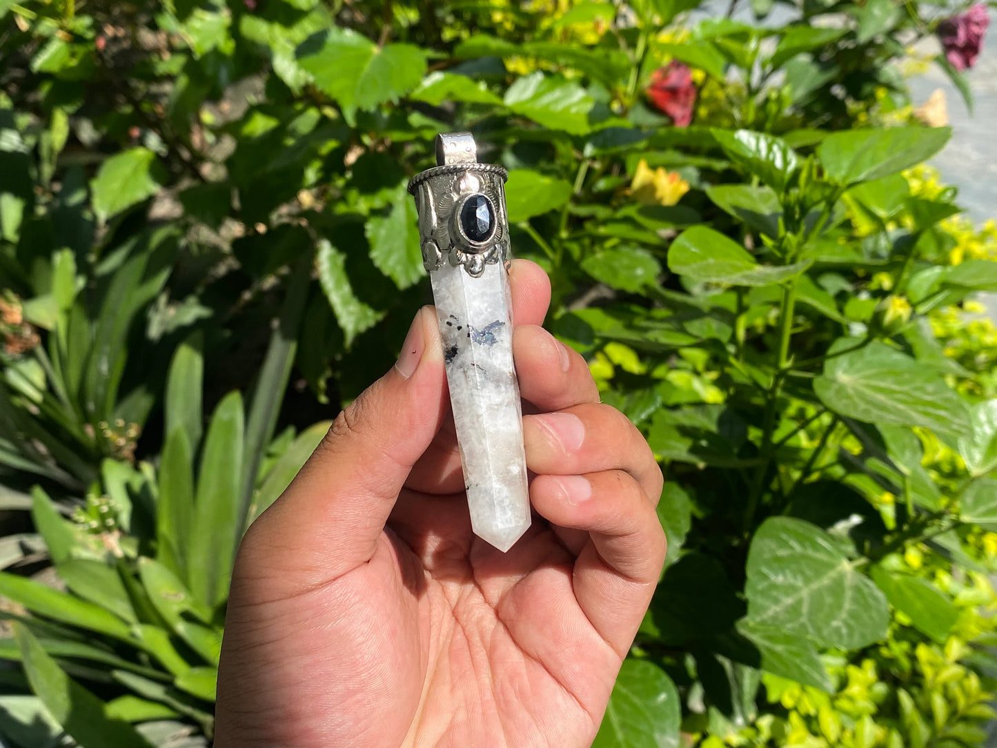 Unisex Healing Pendant: Stylish and Unique from Nepal, Moonstone pendant adorned with Black onyx.