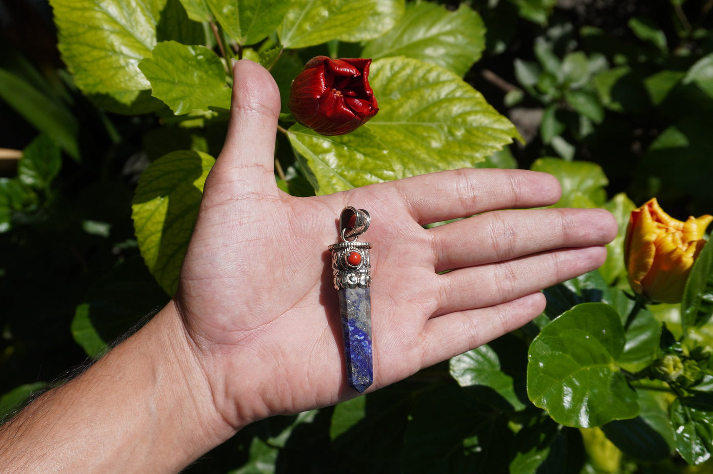 Unisex Healing Pendant | Stylish and Unique Pendant from Nepal, Lapis Lazuli Pendant adorned with Red Coral, Daily Wear Pendant, Gift ideas