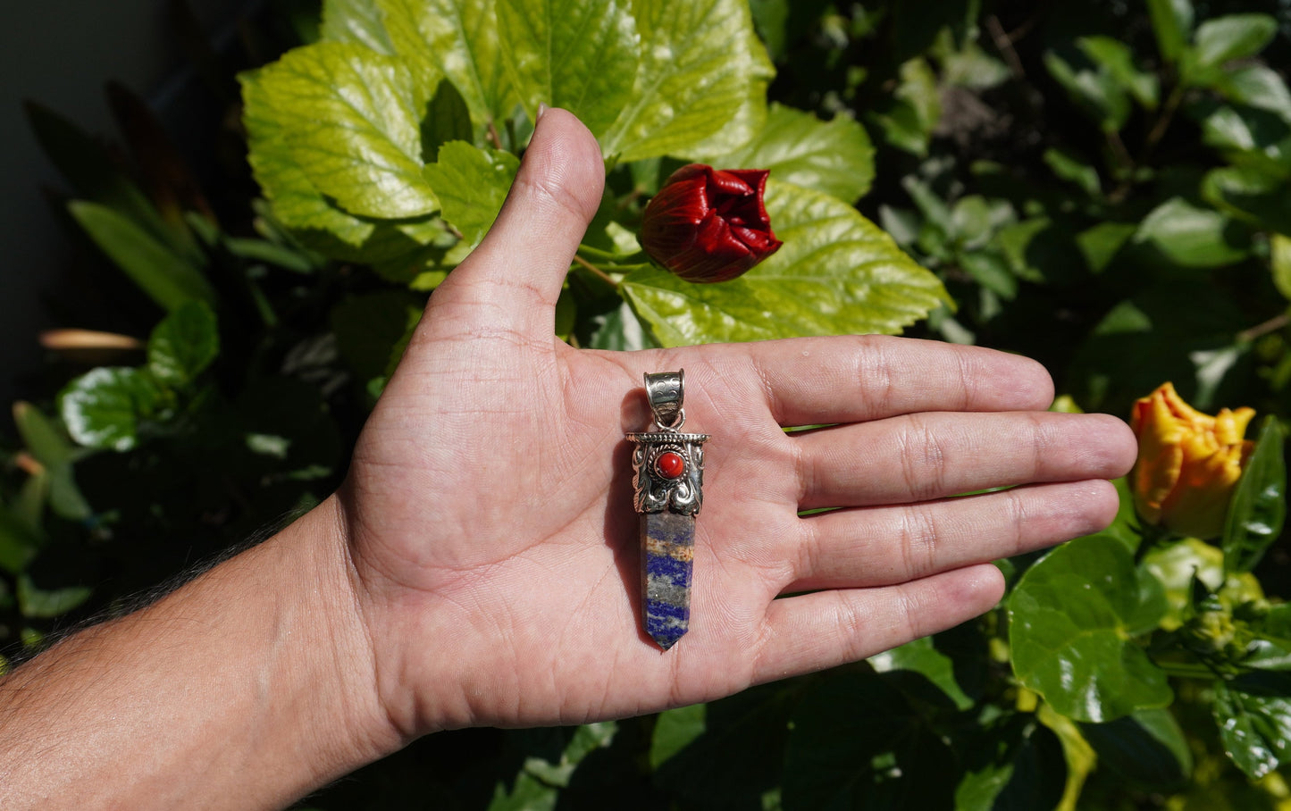 Unisex Healing Pendant | Stylish and Unique Pendant from Nepal, Lapis Lazuli Pendant adorned with Red Coral, Daily Wear Pendant, Gift ideas