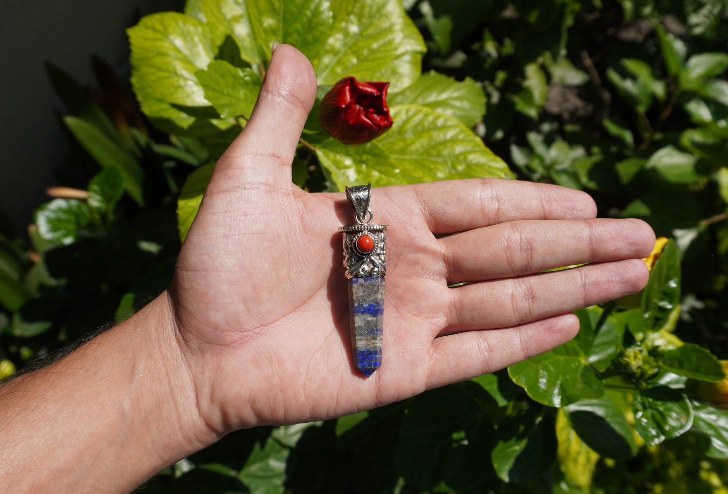 Unisex Healing Pendant | Stylish and Unique Pendant from Nepal, Lapis Lazuli Pendant adorned with Red Coral, Daily Wear Pendant, Gift ideas