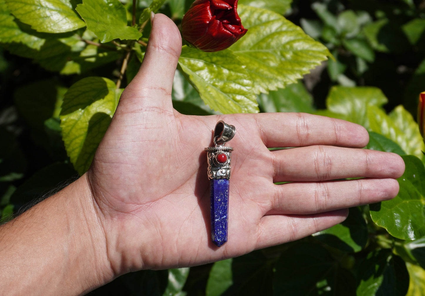 Unisex Healing Pendant | Stylish and Unique Pendant from Nepal, Lapis Lazuli Pendant adorned with Red Coral, Daily Wear Pendant, Gift ideas