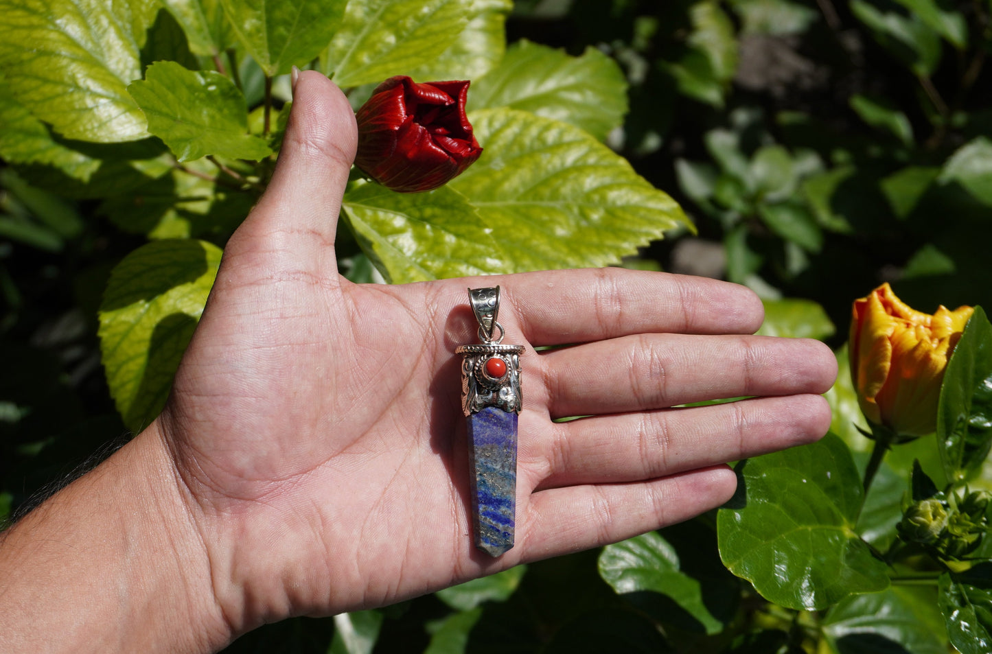 Unisex Healing Pendant | Stylish and Unique Pendant from Nepal, Lapis Lazuli Pendant adorned with Red Coral, Daily Wear Pendant, Gift ideas