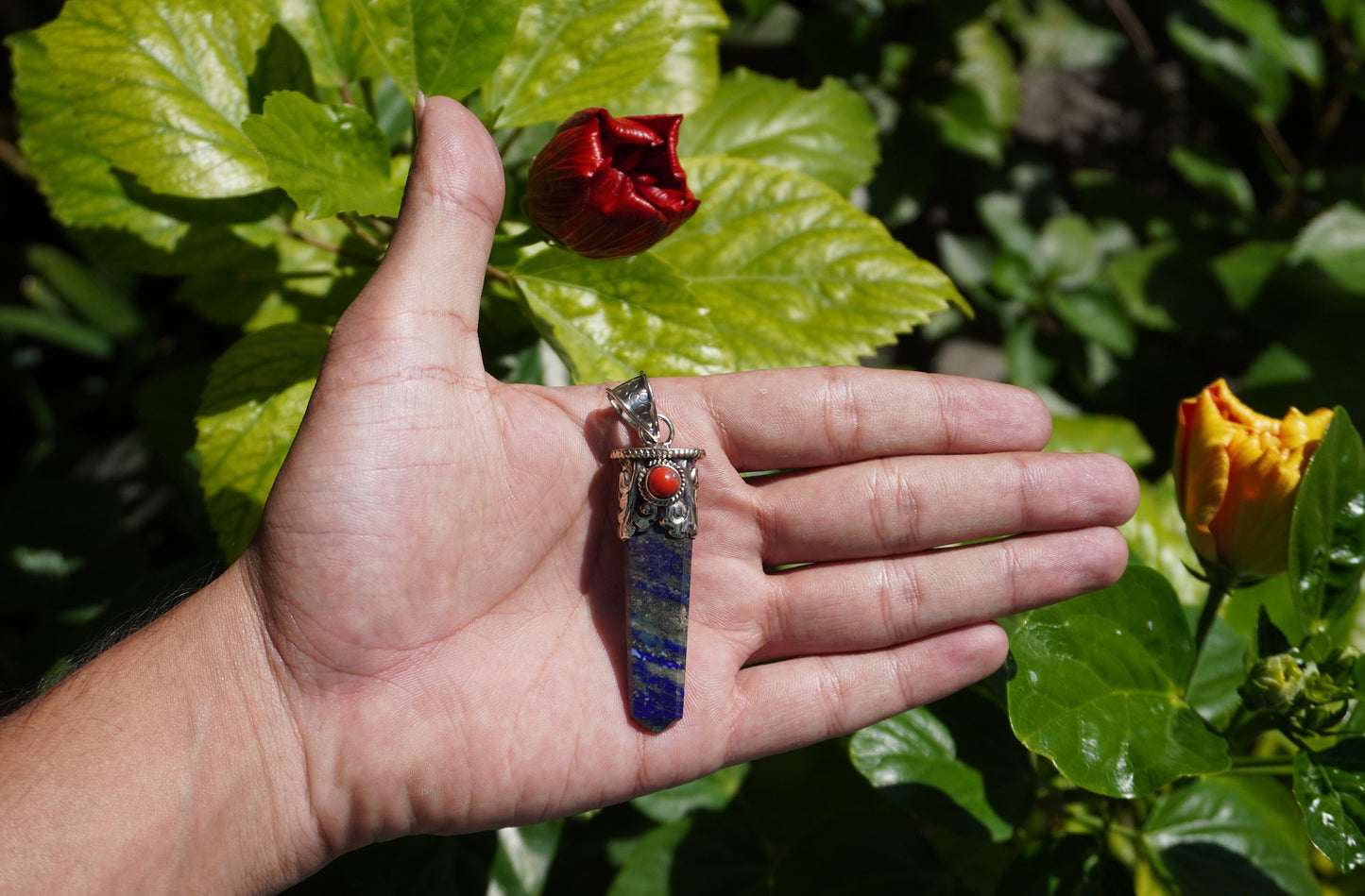 Unisex Healing Pendant | Stylish and Unique Pendant from Nepal, Lapis Lazuli Pendant adorned with Red Coral, Daily Wear Pendant, Gift ideas