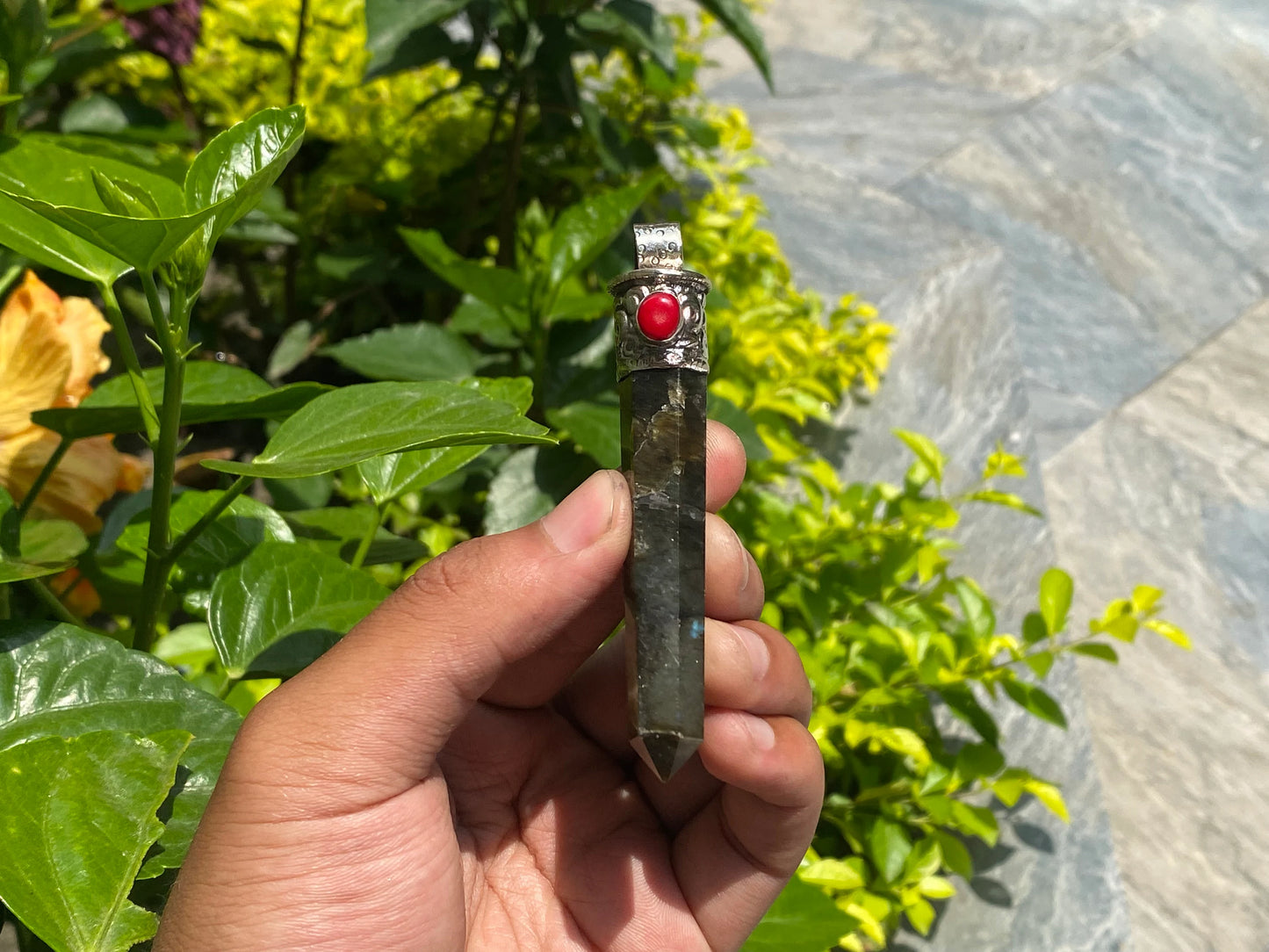 Unisex Labradorite Pendant, Pendant for Daily Wear, Fashionable Pendant, Handmade Pendant, Hammered Tibetan Silver, Coral adorned Pendant.