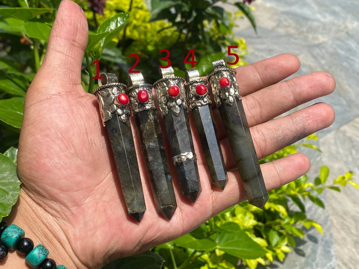 Unisex Labradorite Pendant, Pendant for Daily Wear, Fashionable Pendant, Handmade Pendant, Hammered Tibetan Silver, Coral adorned Pendant.