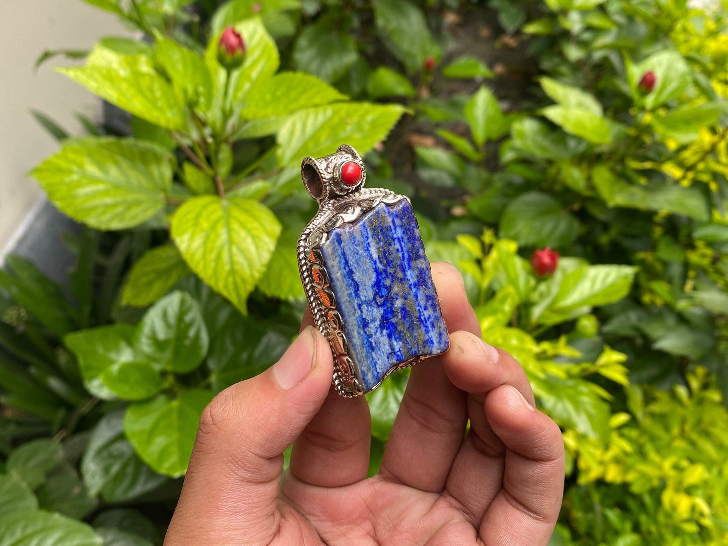 Unisex Raw Lapis & Red Coral Pendant with Tibetan Silver – Unique Floral Gift Idea, Healing pendant, Gift for her, Unique design pendant.