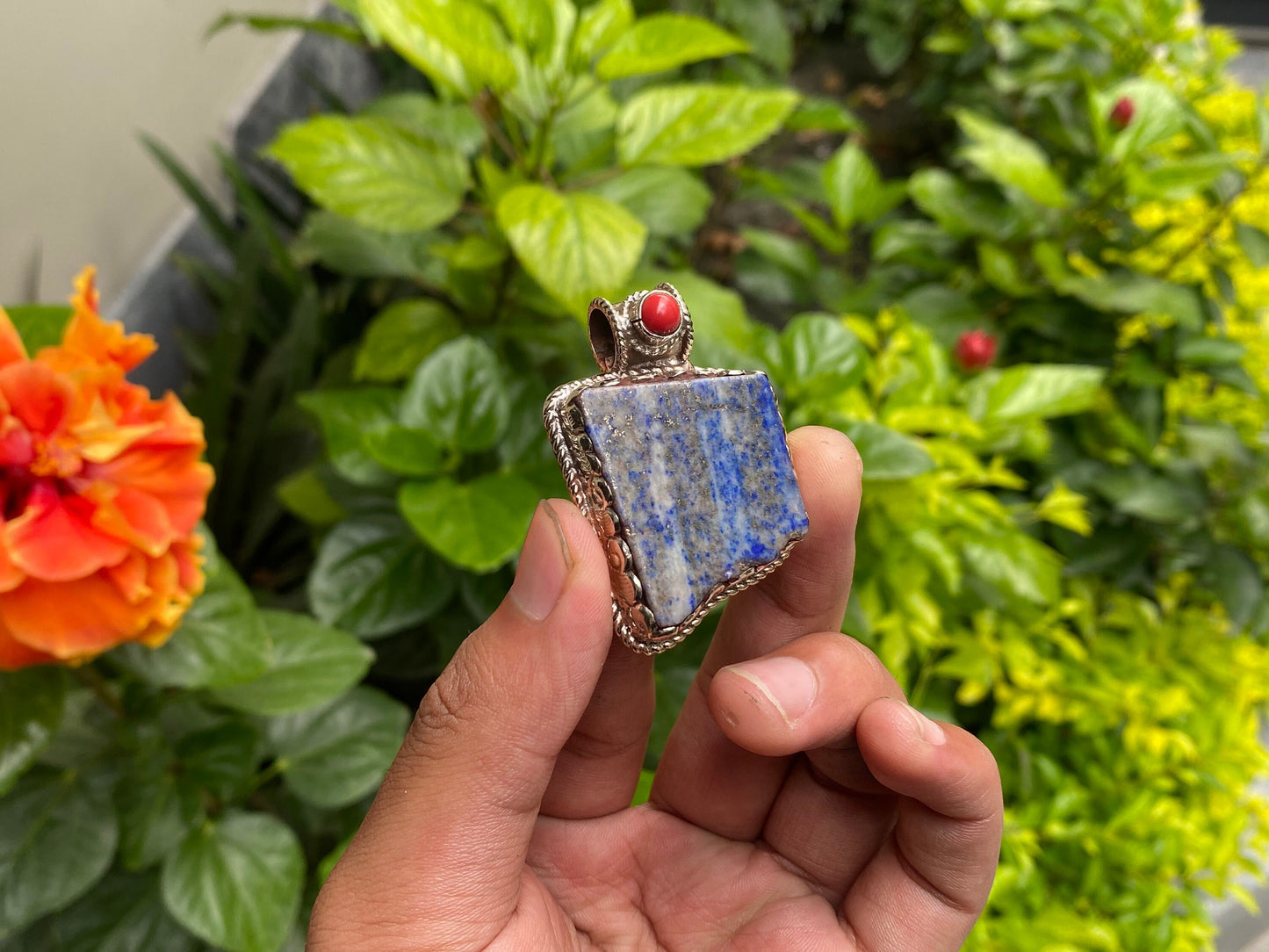 Unisex Raw Lapis & Red Coral Pendant with Tibetan Silver – Unique Floral Gift Idea, Healing pendant, Gift for her, Unique design pendant.