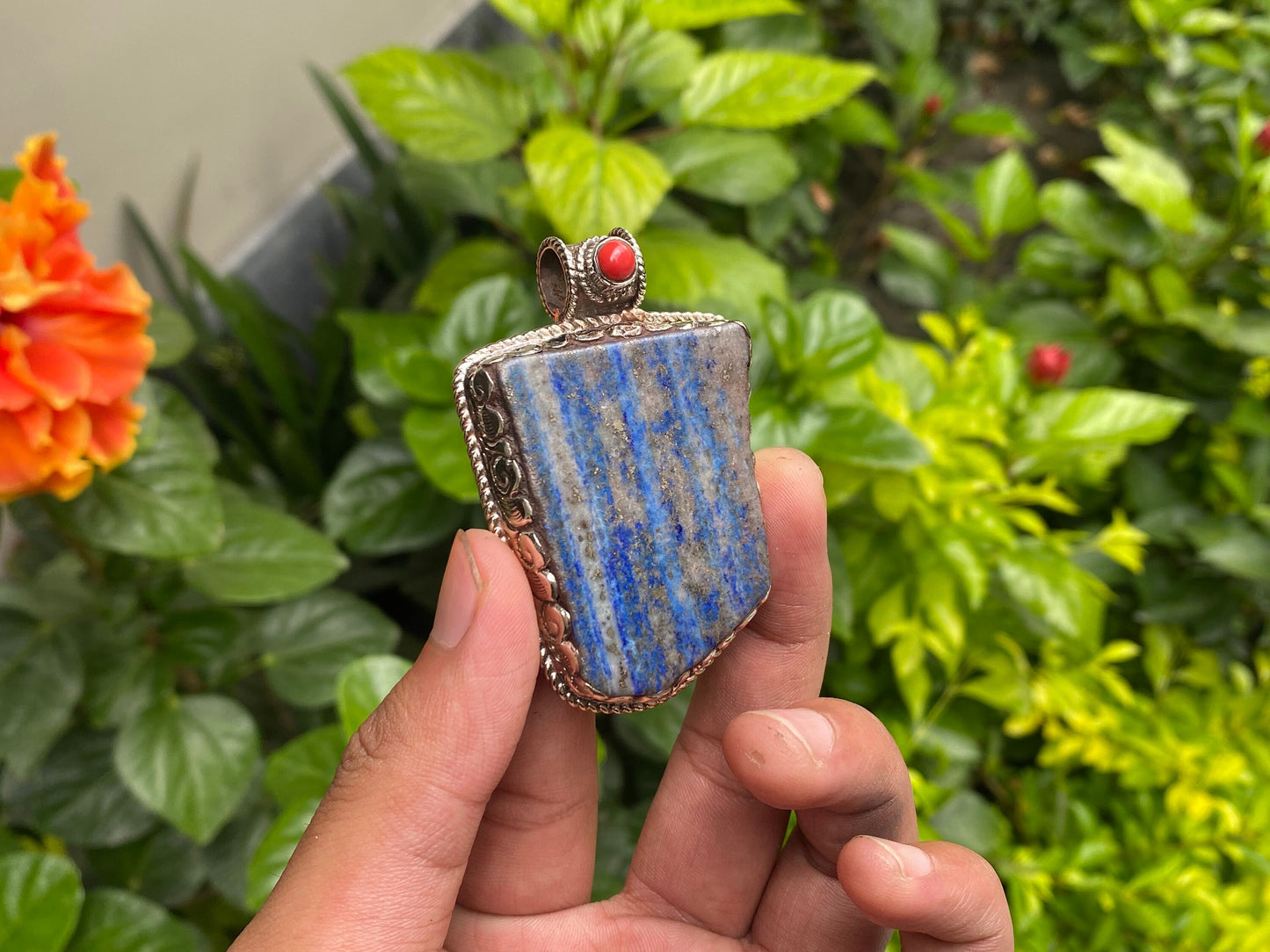Unisex Raw Lapis & Red Coral Pendant with Tibetan Silver – Unique Floral Gift Idea, Healing pendant, Gift for her, Unique design pendant.