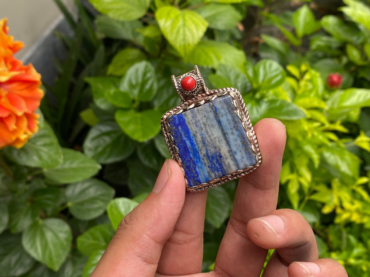 Unisex Raw Lapis & Red Coral Pendant with Tibetan Silver – Unique Floral Gift Idea, Healing pendant, Gift for her, Unique design pendant.