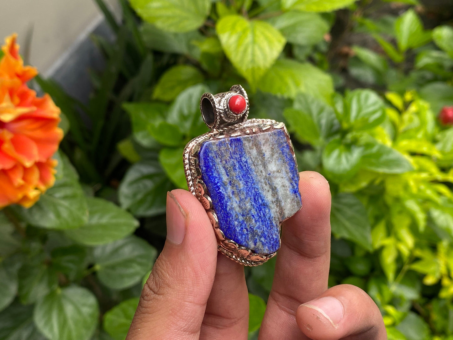 Unisex Raw Lapis & Red Coral Pendant with Tibetan Silver – Unique Floral Gift Idea, Healing pendant, Gift for her, Unique design pendant.