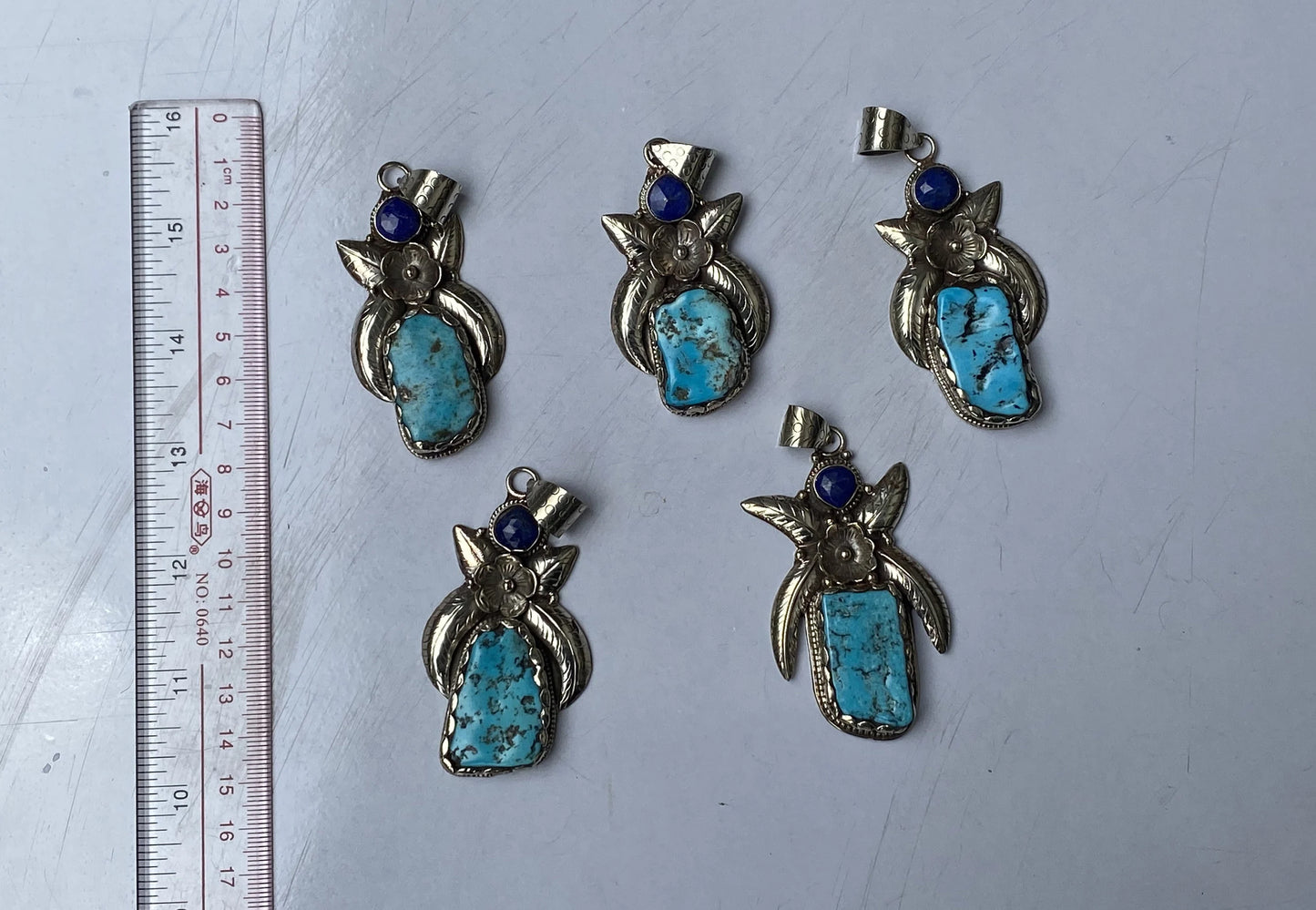 Unisex Turquoise and Lapis Pendant with Floral Tibetan Silver Detailing, Unique Tibetan Silver Pendant, Aesthetic design, Trendy Pendant.