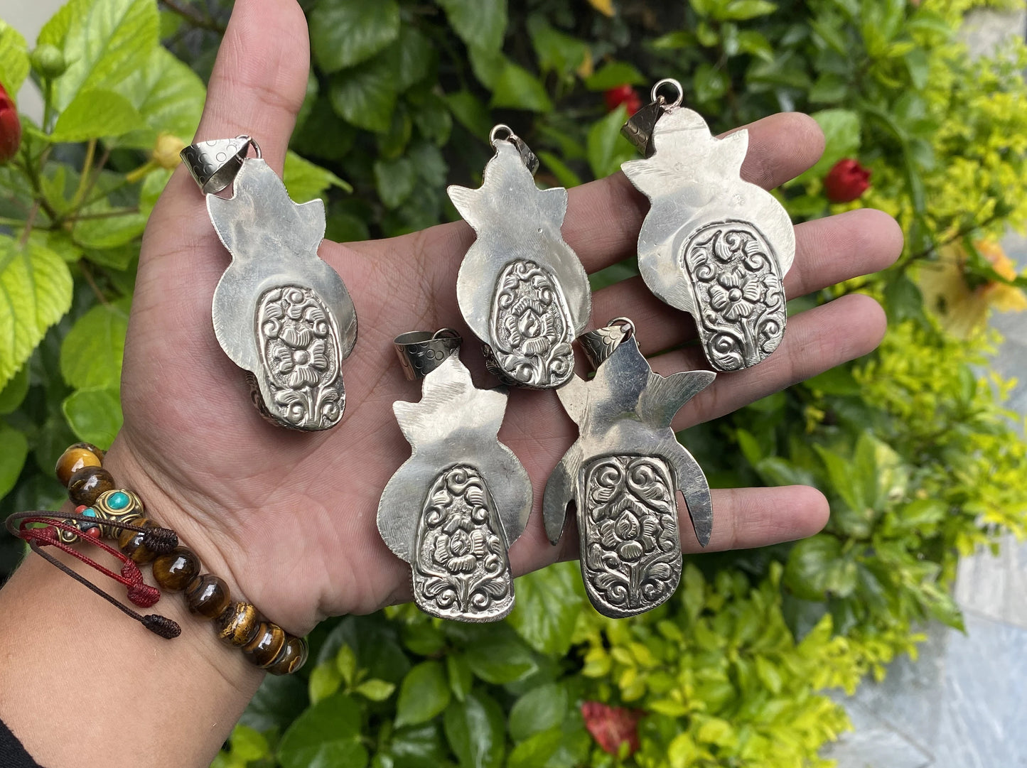 Unisex Turquoise and Lapis Pendant with Floral Tibetan Silver Detailing, Unique Tibetan Silver Pendant, Aesthetic design, Trendy Pendant.