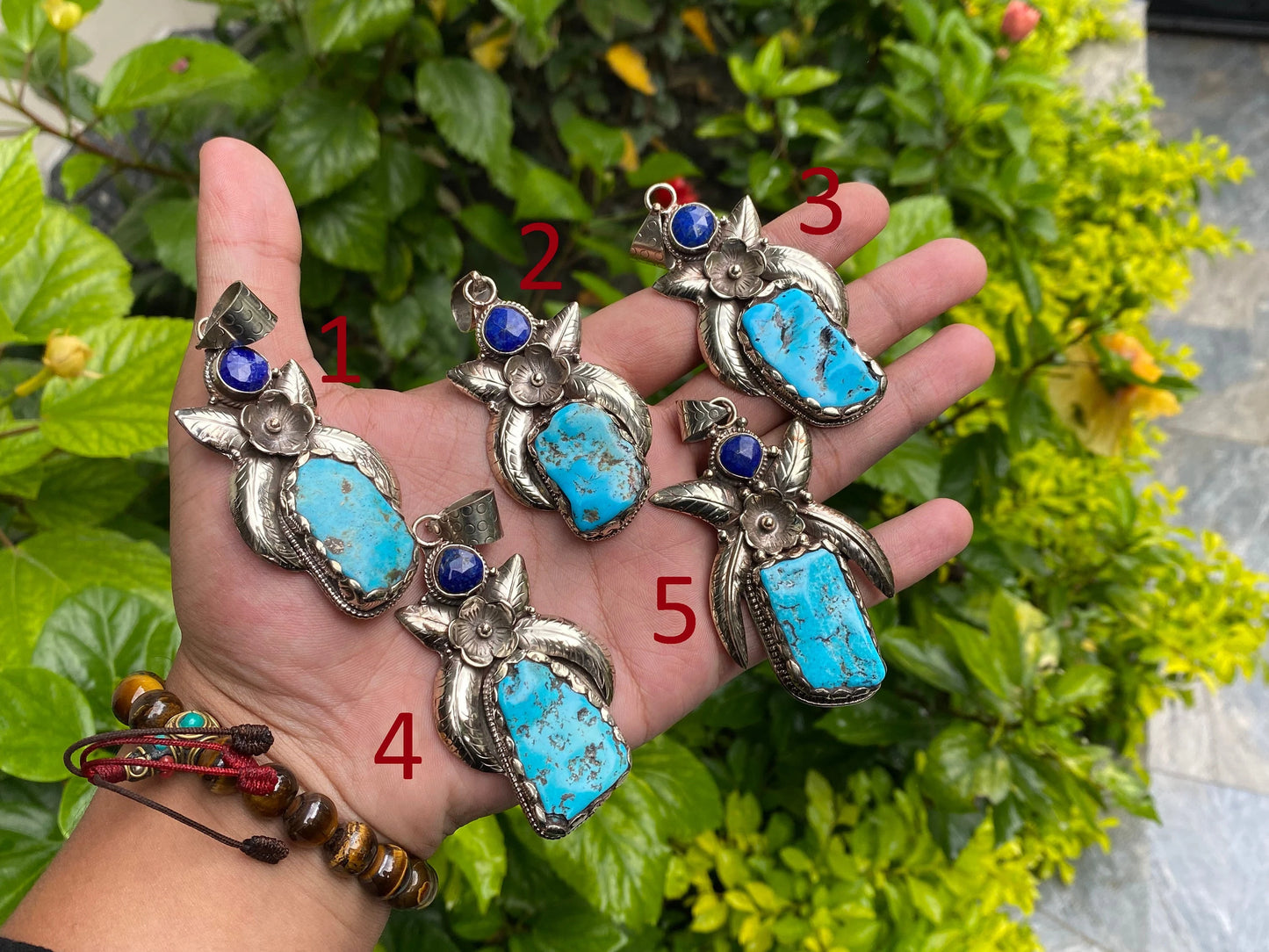 Unisex Turquoise and Lapis Pendant with Floral Tibetan Silver Detailing, Unique Tibetan Silver Pendant, Aesthetic design, Trendy Pendant.