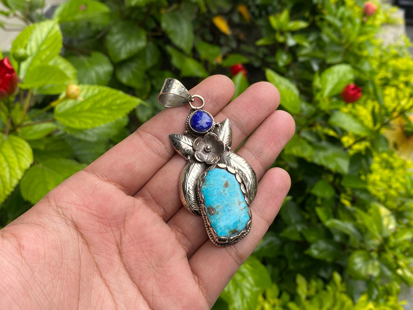 Unisex Turquoise and Lapis Pendant with Floral Tibetan Silver Detailing, Unique Tibetan Silver Pendant, Aesthetic design, Trendy Pendant.
