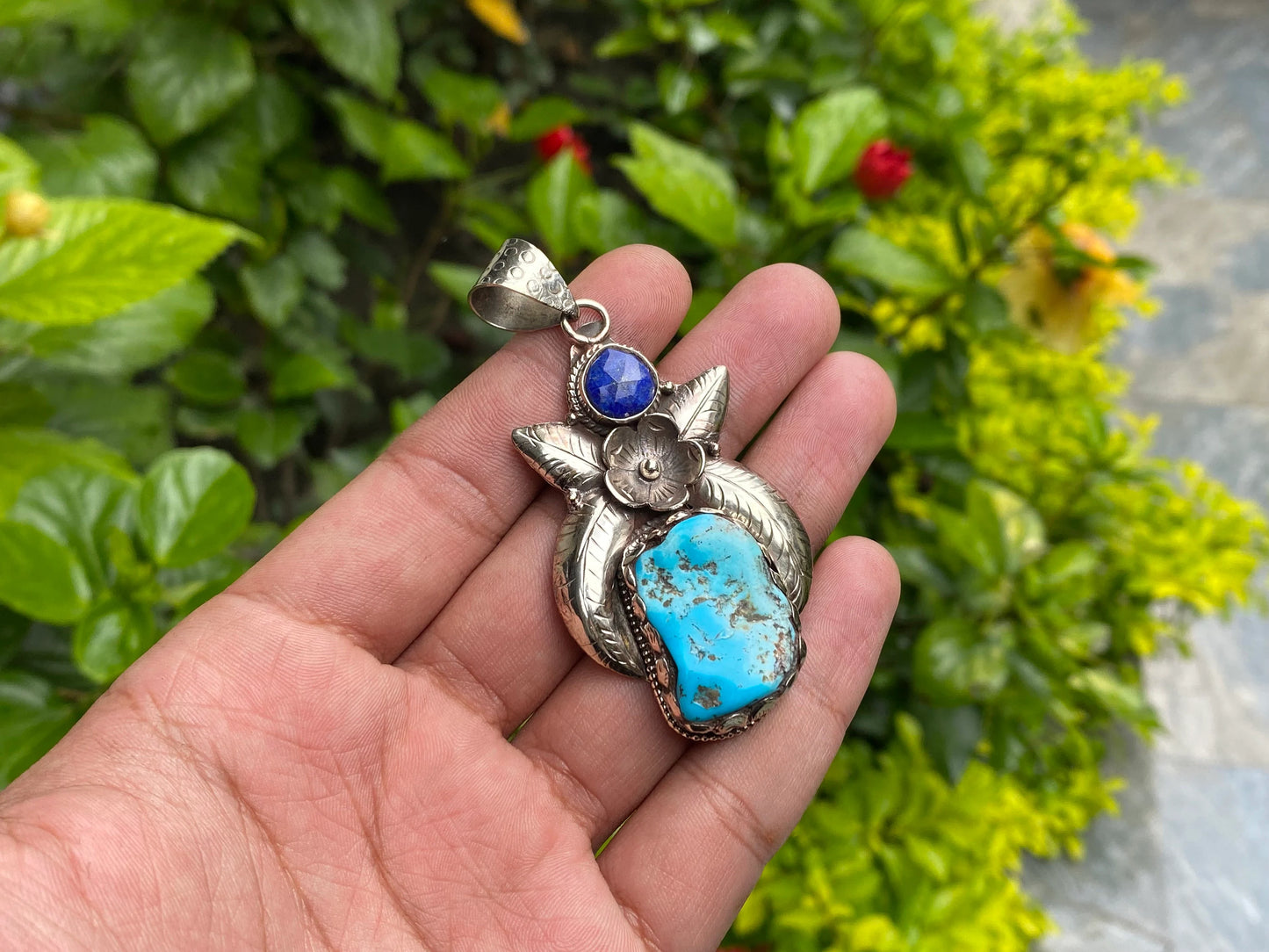 Unisex Turquoise and Lapis Pendant with Floral Tibetan Silver Detailing, Unique Tibetan Silver Pendant, Aesthetic design, Trendy Pendant.