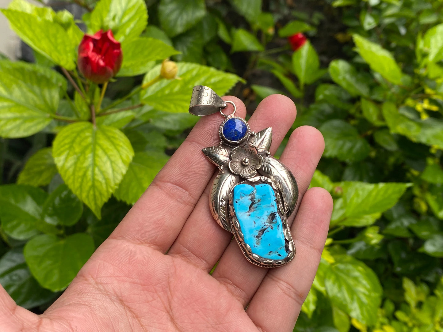 Unisex Turquoise and Lapis Pendant with Floral Tibetan Silver Detailing, Unique Tibetan Silver Pendant, Aesthetic design, Trendy Pendant.