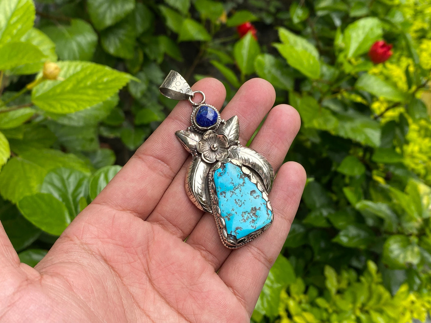Unisex Turquoise and Lapis Pendant with Floral Tibetan Silver Detailing, Unique Tibetan Silver Pendant, Aesthetic design, Trendy Pendant.