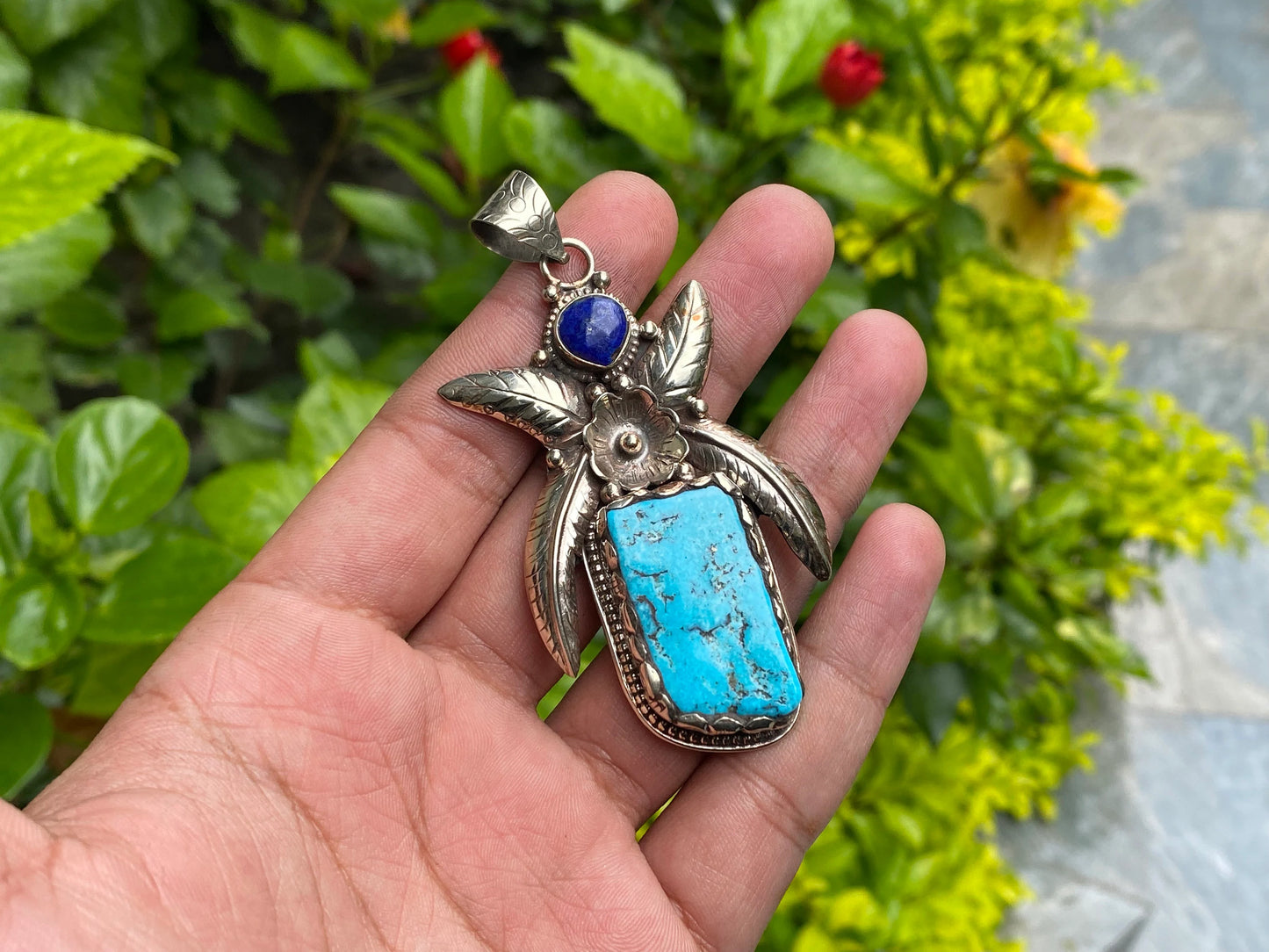 Unisex Turquoise and Lapis Pendant with Floral Tibetan Silver Detailing, Unique Tibetan Silver Pendant, Aesthetic design, Trendy Pendant.