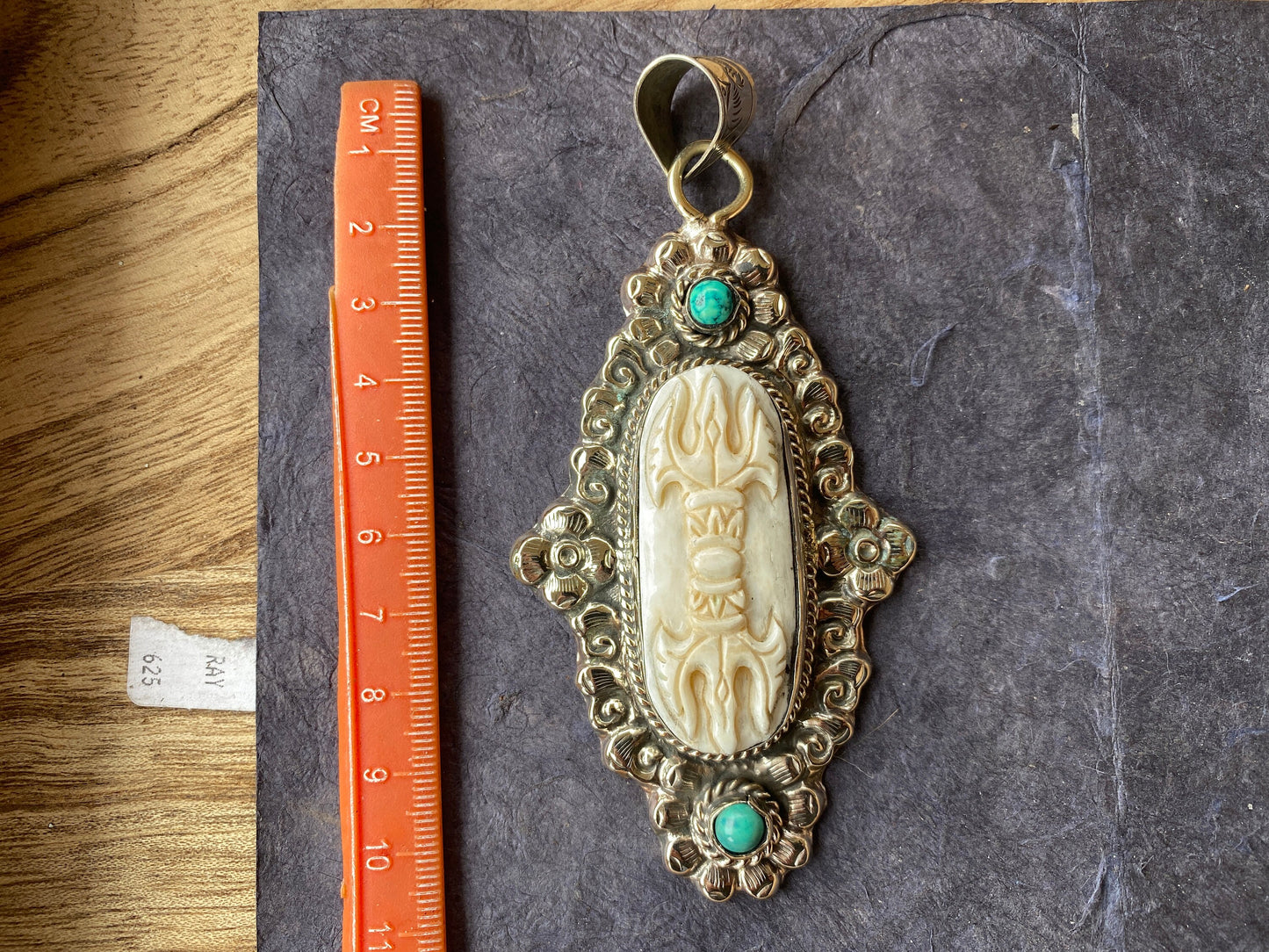 Vajra Amulet Carved Bone Tibetan Silver with Turquoise Dorje Pendant, Protector Amulet, Buddhist Thunderbold, Tibetan Buddhist Ritual Object