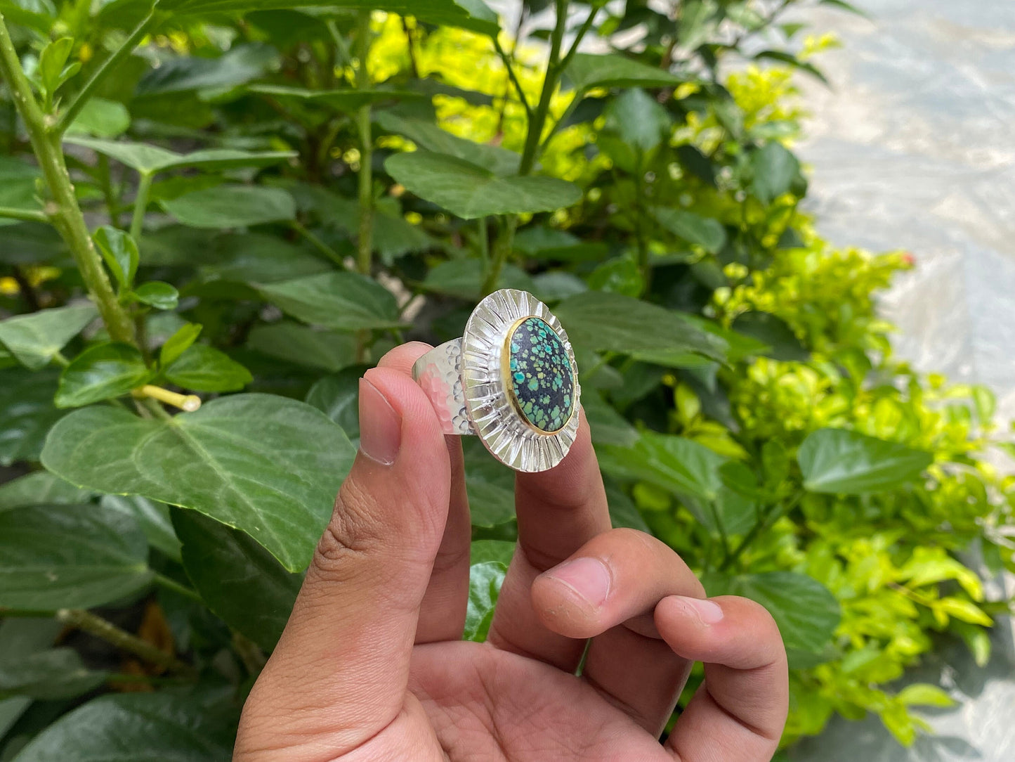 Versatile Two Tone Hammered Ring - Perfect for Daily Wear, Gift ideas for her, Healing Turquoise adorned Ring, Adjustable Aesthetic Ring.