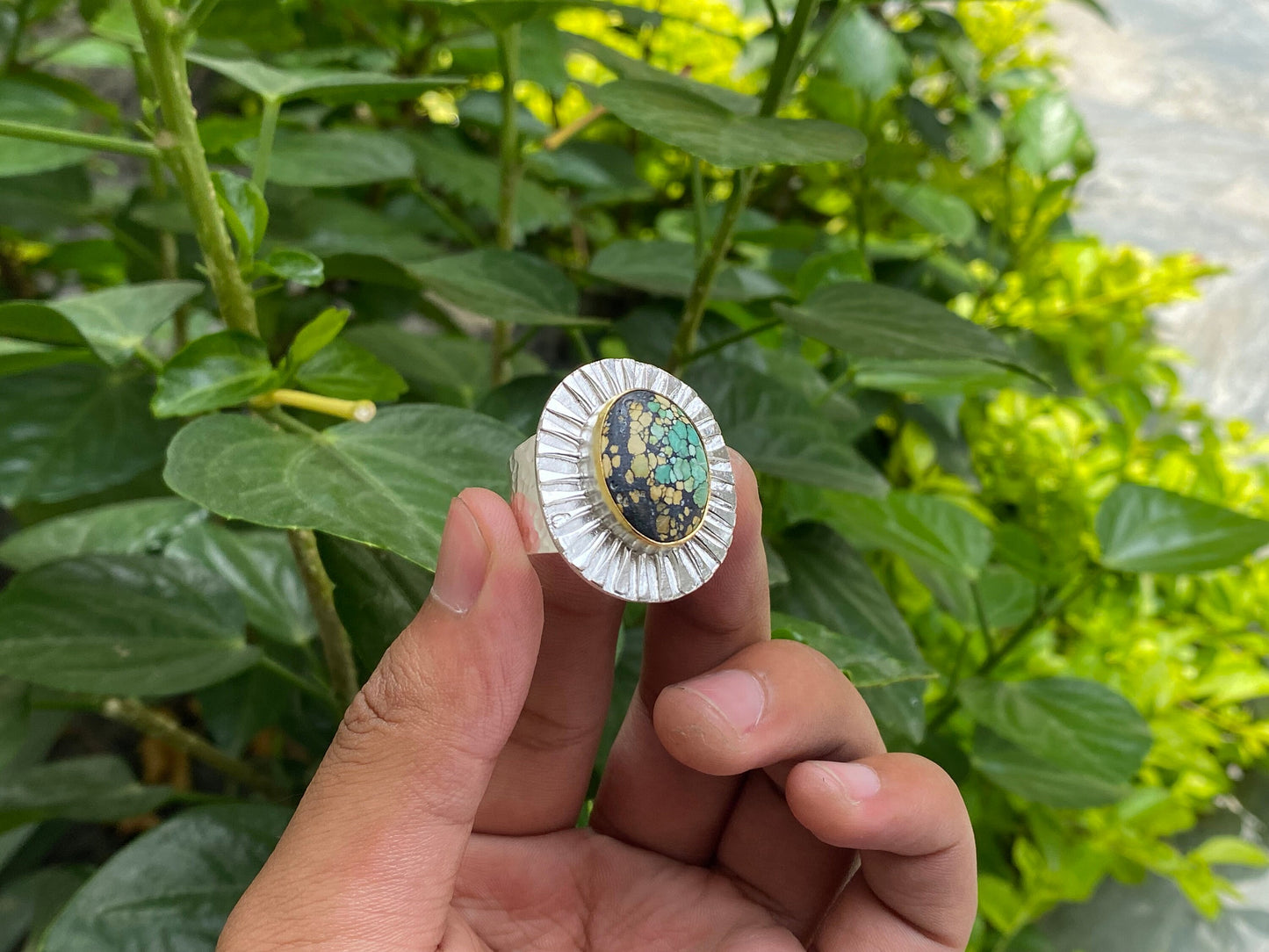 Versatile Two Tone Hammered Ring - Perfect for Daily Wear, Gift ideas for her, Healing Turquoise adorned Ring, Adjustable Aesthetic Ring.