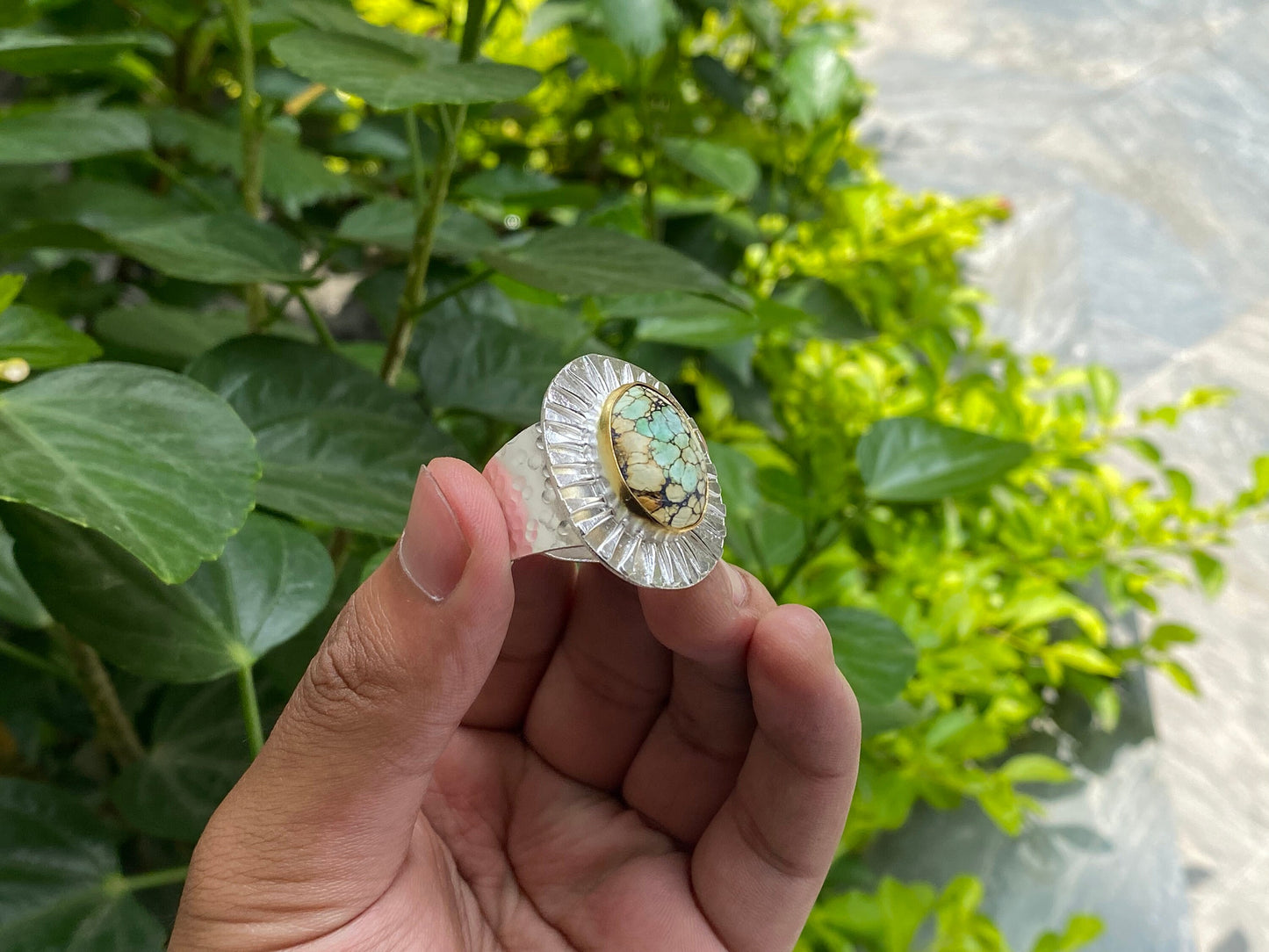 Versatile Two Tone Hammered Ring - Perfect for Daily Wear, Gift ideas for her, Healing Turquoise adorned Ring, Adjustable Aesthetic Ring.