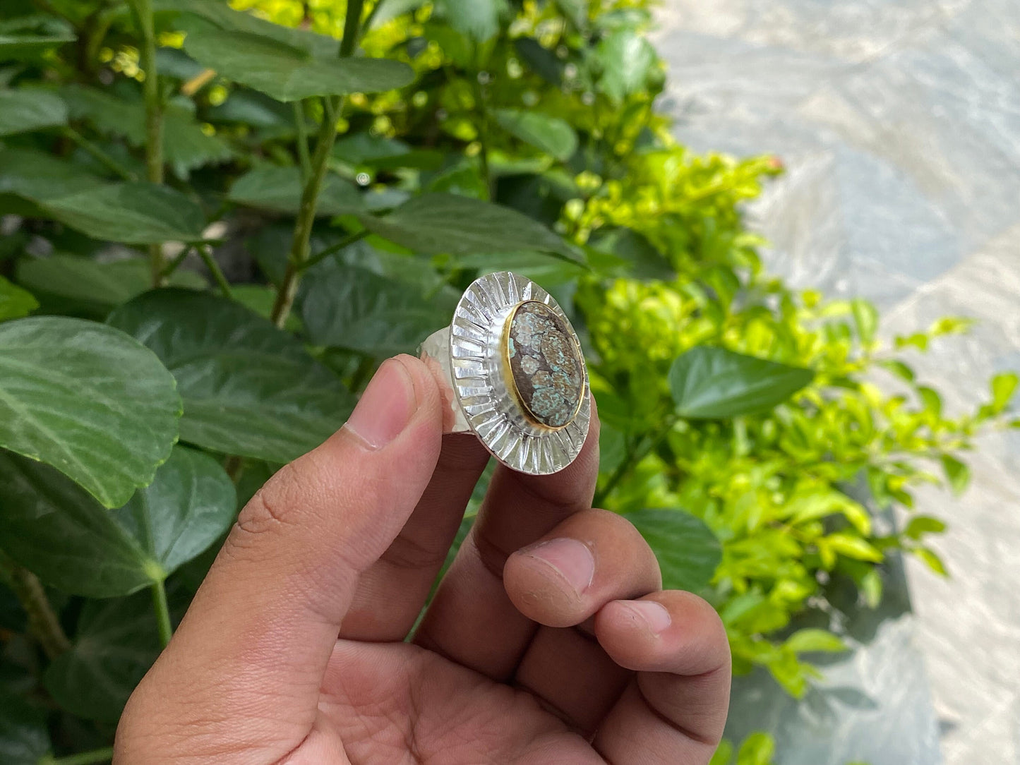 Versatile Two Tone Hammered Ring - Perfect for Daily Wear, Gift ideas for her, Healing Turquoise adorned Ring, Adjustable Aesthetic Ring.