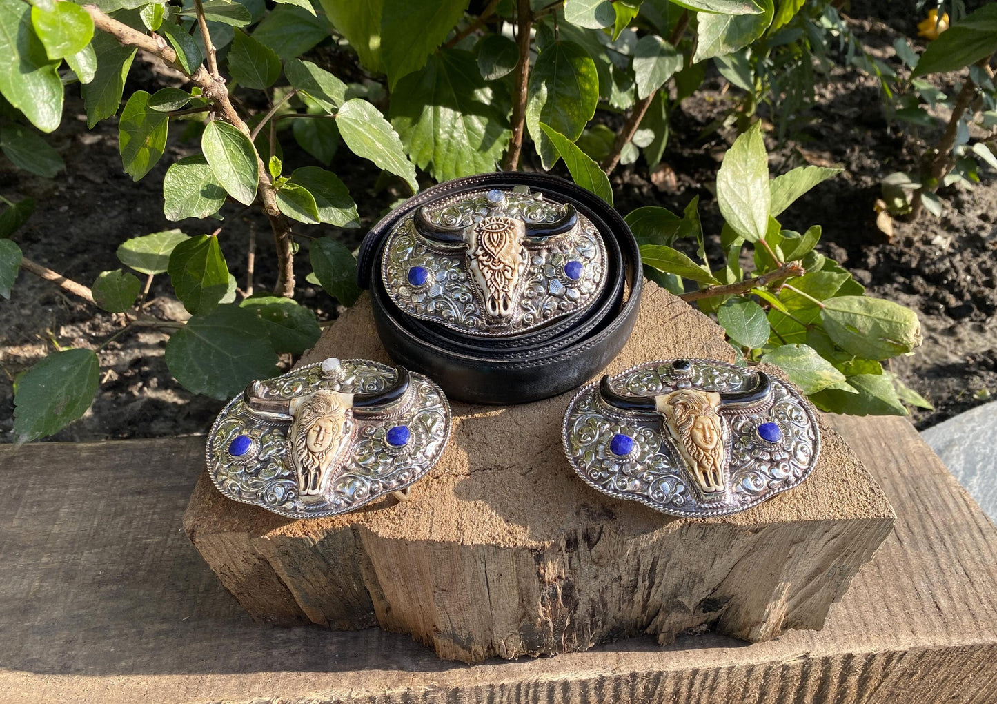 Western Wear inspired Belt Buckles for Daily wear, Buffalo bone with Moonstone & Lapish Lazuli, Bohemian Style Buckle, Unique Handmade Gift