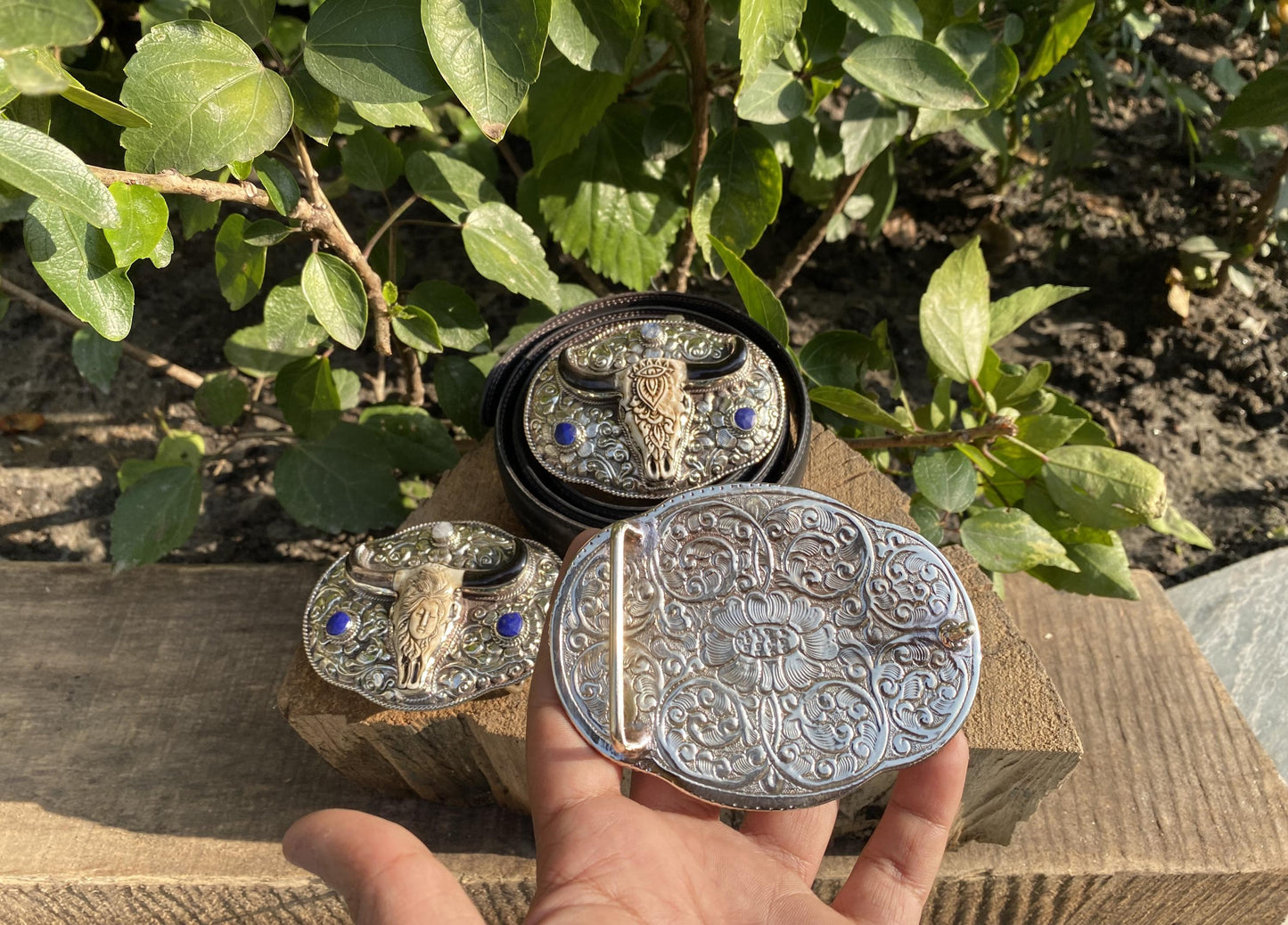 Western Wear inspired Belt Buckles for Daily wear, Buffalo bone with Moonstone & Lapish Lazuli, Bohemian Style Buckle, Unique Handmade Gift