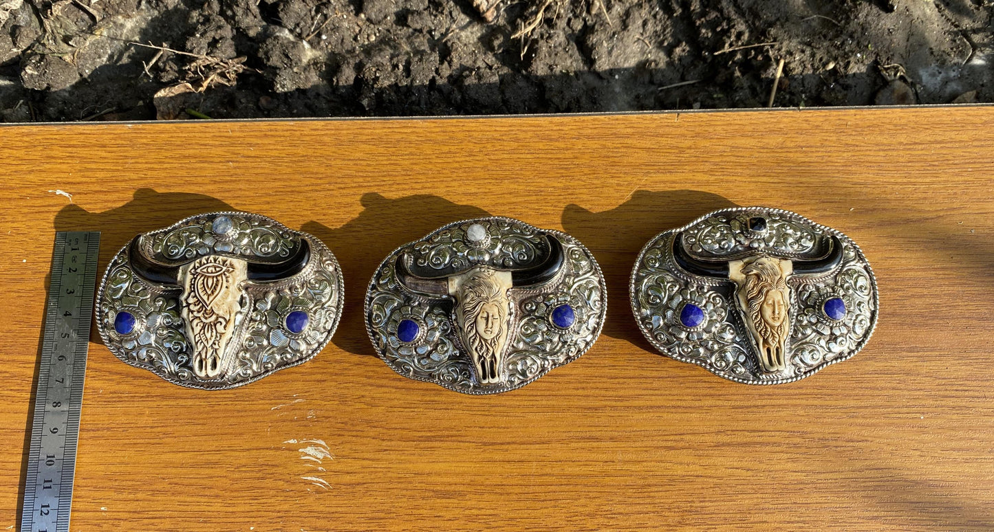 Western Wear inspired Belt Buckles for Daily wear, Buffalo bone with Moonstone & Lapish Lazuli, Bohemian Style Buckle, Unique Handmade Gift
