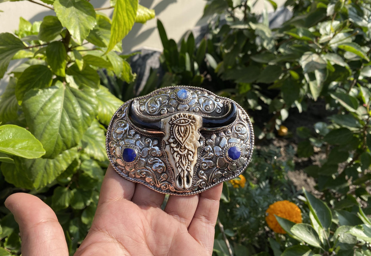 Western Wear inspired Belt Buckles for Daily wear, Buffalo bone with Moonstone & Lapish Lazuli, Bohemian Style Buckle, Unique Handmade Gift