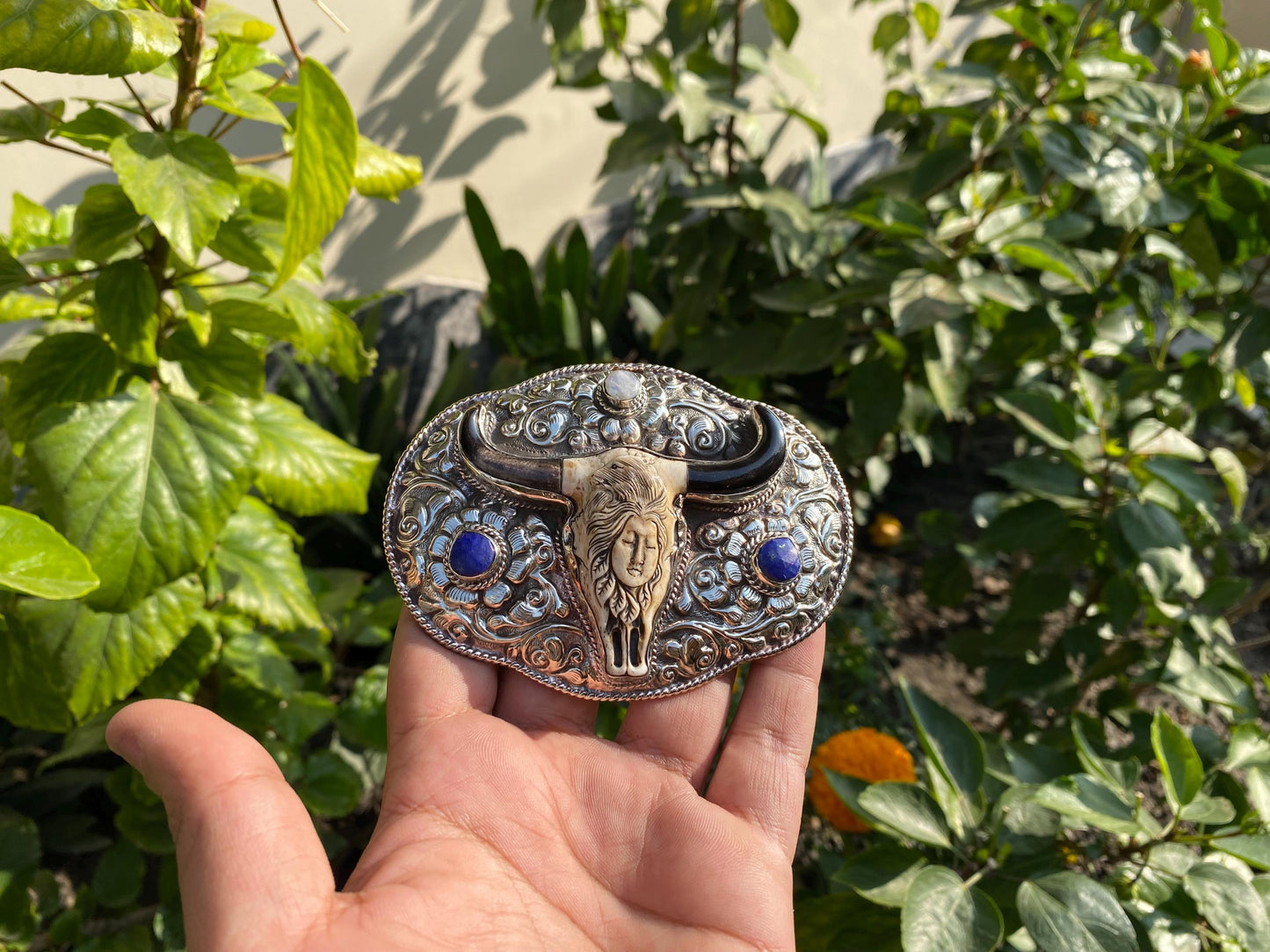 Western Wear inspired Belt Buckles for Daily wear, Buffalo bone with Moonstone & Lapish Lazuli, Bohemian Style Buckle, Unique Handmade Gift