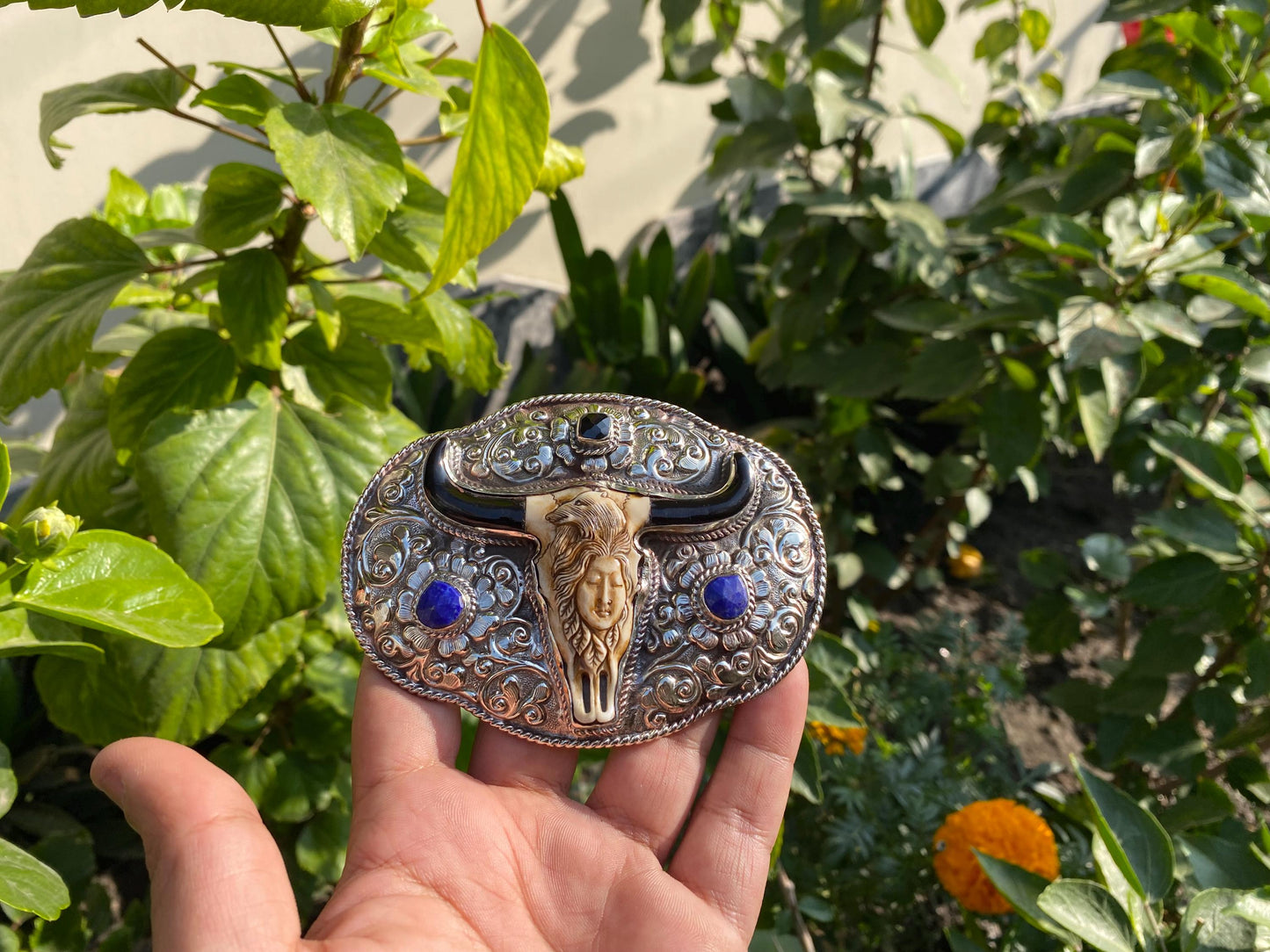 Western Wear inspired Belt Buckles for Daily wear, Buffalo bone with Moonstone & Lapish Lazuli, Bohemian Style Buckle, Unique Handmade Gift