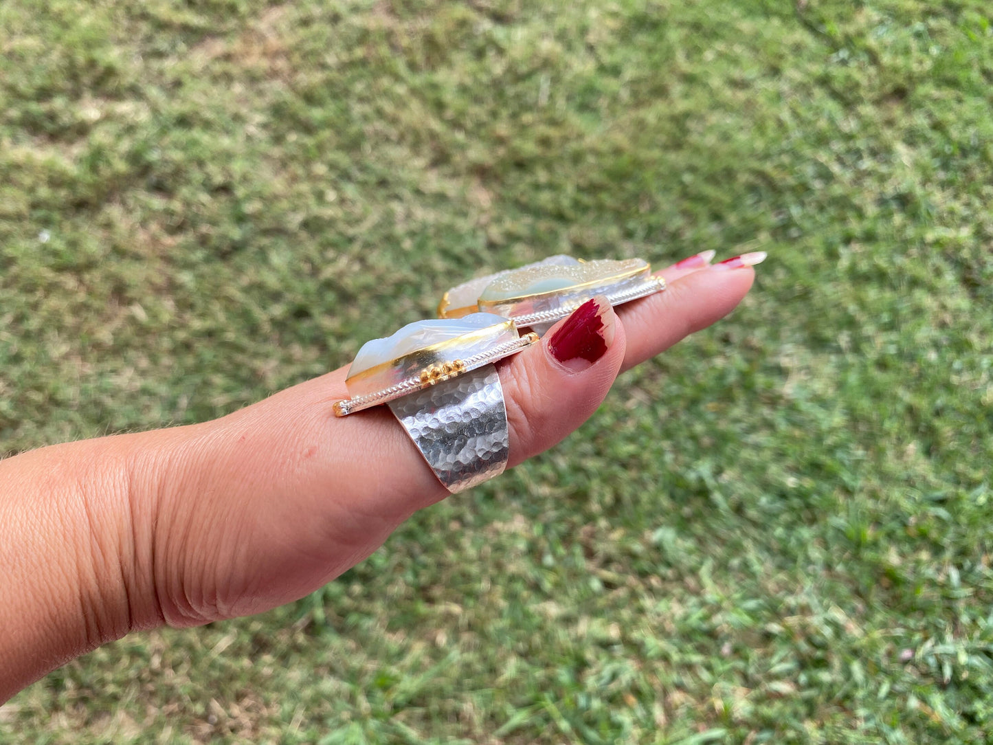 Two Tone Big Adjustable Druzy Ring, Brushed Gold with Silver Overlay Ring, Wide Band Ring, Statement Ring, Bridesmaid Gift, Hammered Ring