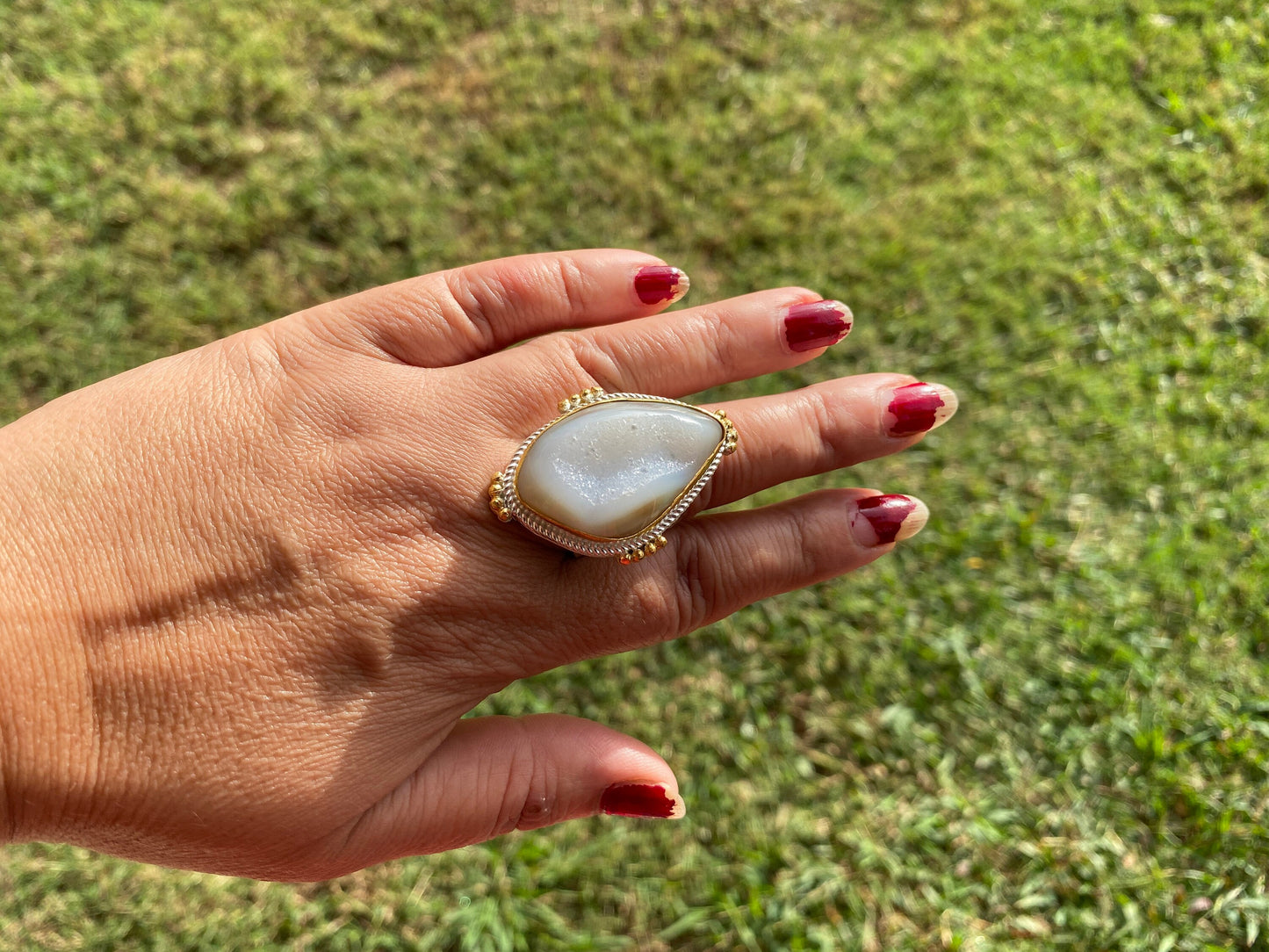 Two Tone Big Adjustable Druzy Ring, Brushed Gold with Silver Overlay Ring, Wide Band Ring, Statement Ring, Bridesmaid Gift, Hammered Ring