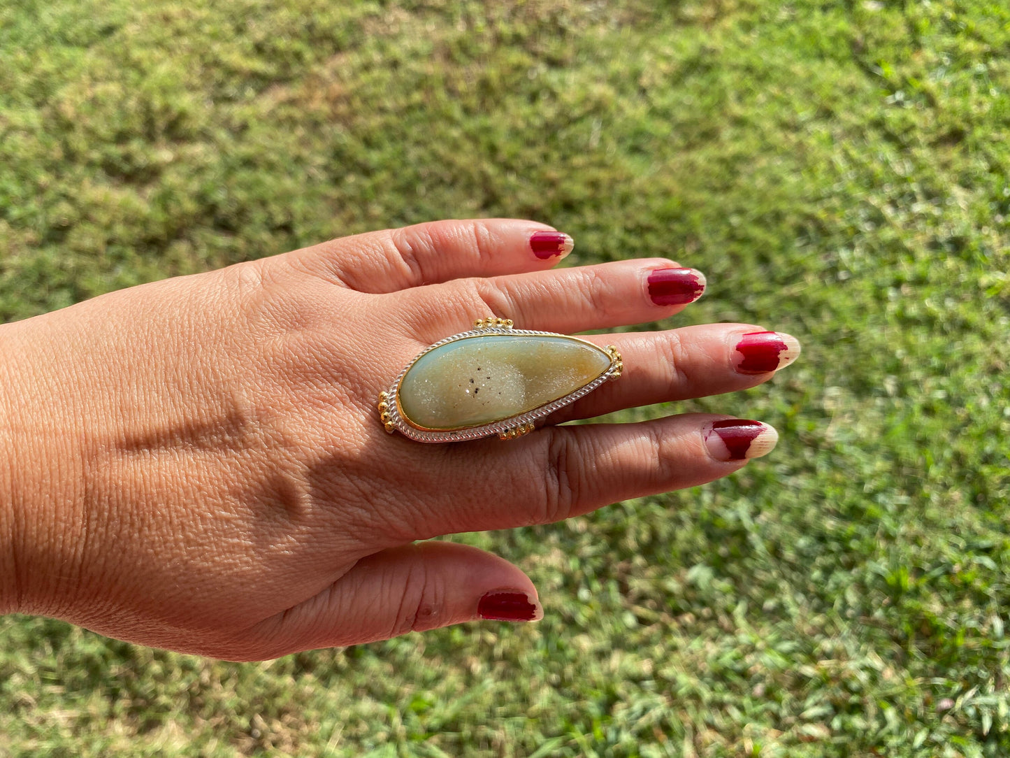 Two Tone Big Adjustable Druzy Ring, Brushed Gold with Silver Overlay Ring, Wide Band Ring, Statement Ring, Bridesmaid Gift, Hammered Ring