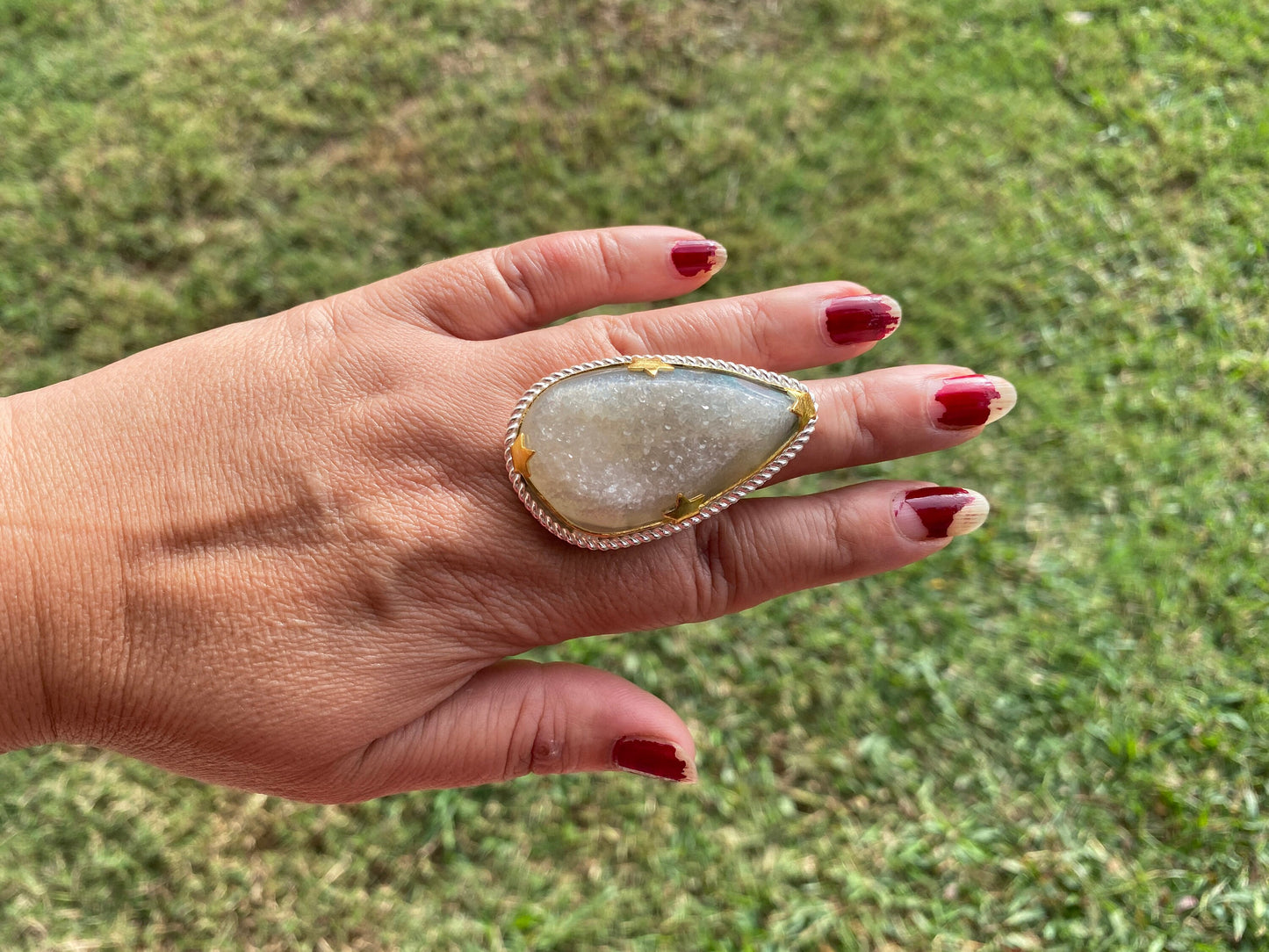 Two Tone Big Adjustable Druzy Ring, Brushed Gold with Silver Overlay Ring, Wide Band Ring, Statement Ring, Bridesmaid Gift, Hammered Ring