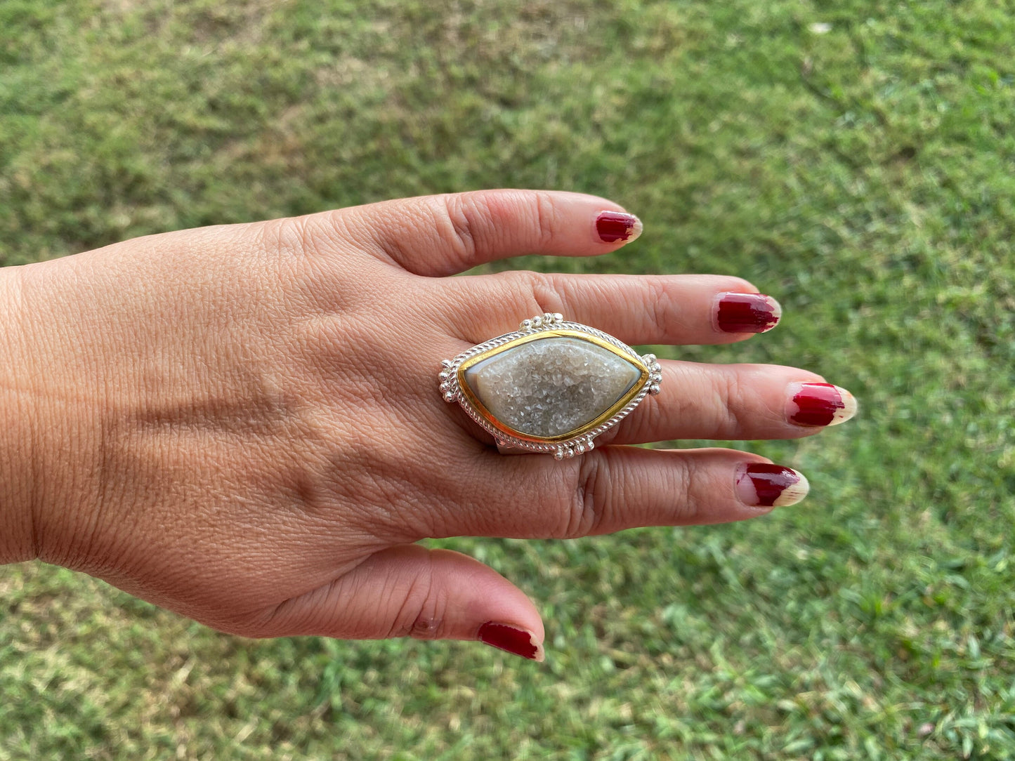 Two Tone Big Adjustable Druzy Ring, Brushed Gold with Silver Overlay Ring, Wide Band Ring, Statement Ring, Bridesmaid Gift, Hammered Ring
