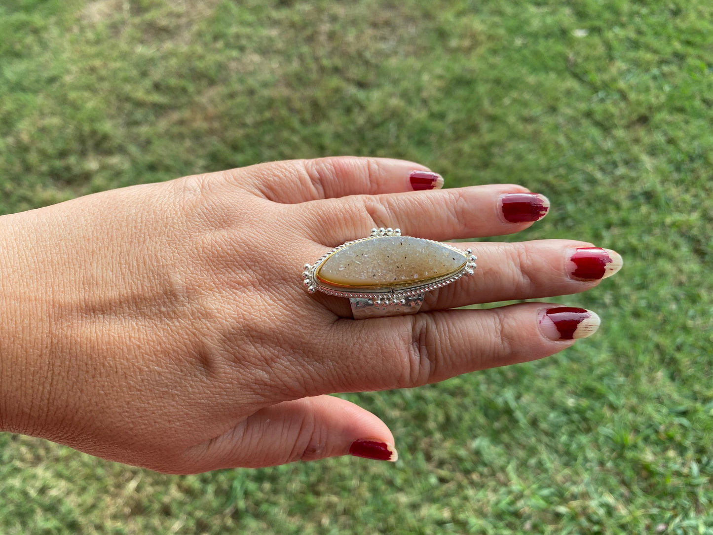 Two Tone Big Adjustable Druzy Ring, Brushed Gold with Silver Overlay Ring, Wide Band Ring, Statement Ring, Bridesmaid Gift, Hammered Ring
