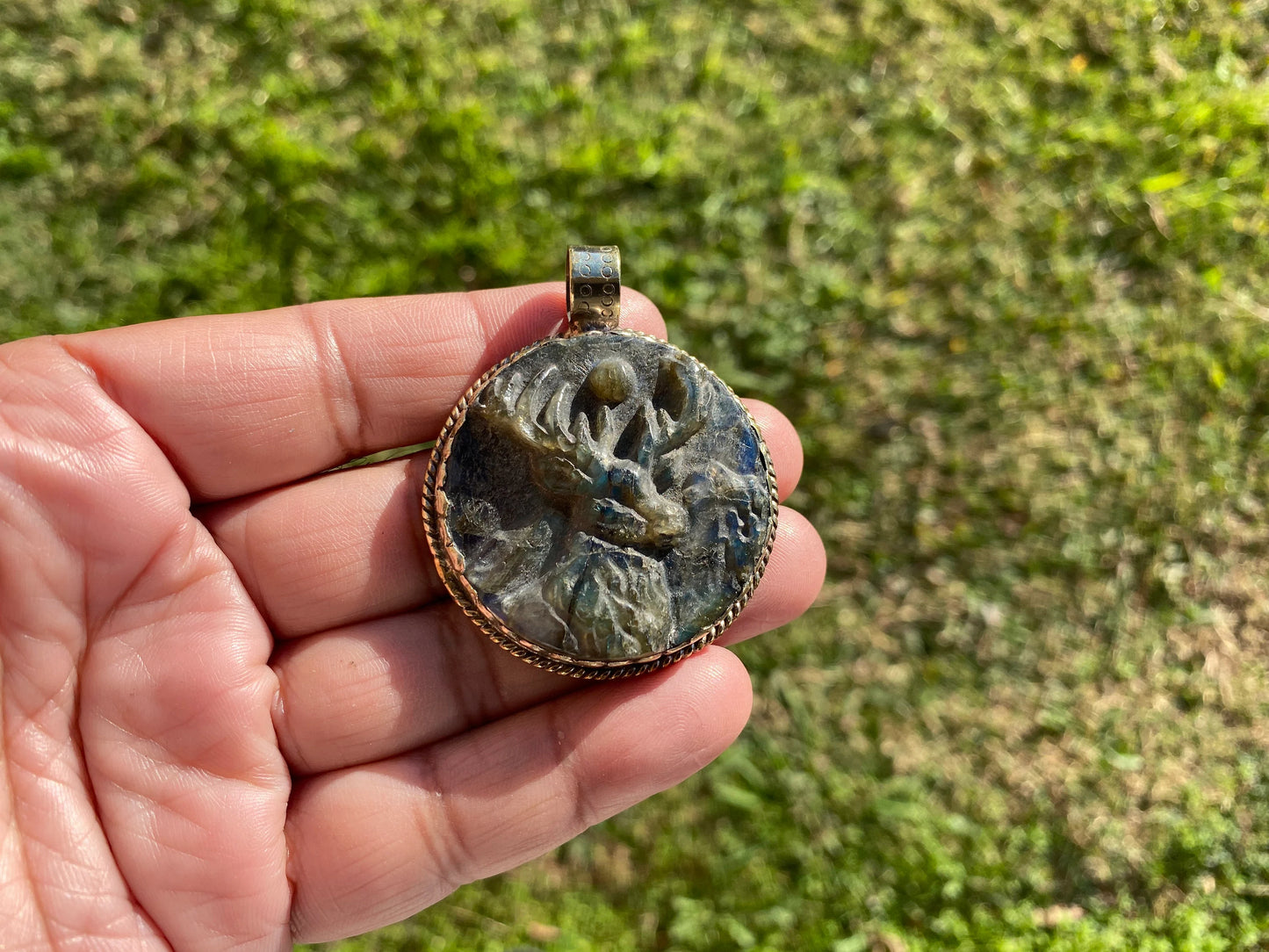 Hand Carved Deer Pendant, Natural Labradorite Tibetan Silver Necklace, Wildlife Jewelry, Unique Animal Carving Pendant, Animal Lover's Gift