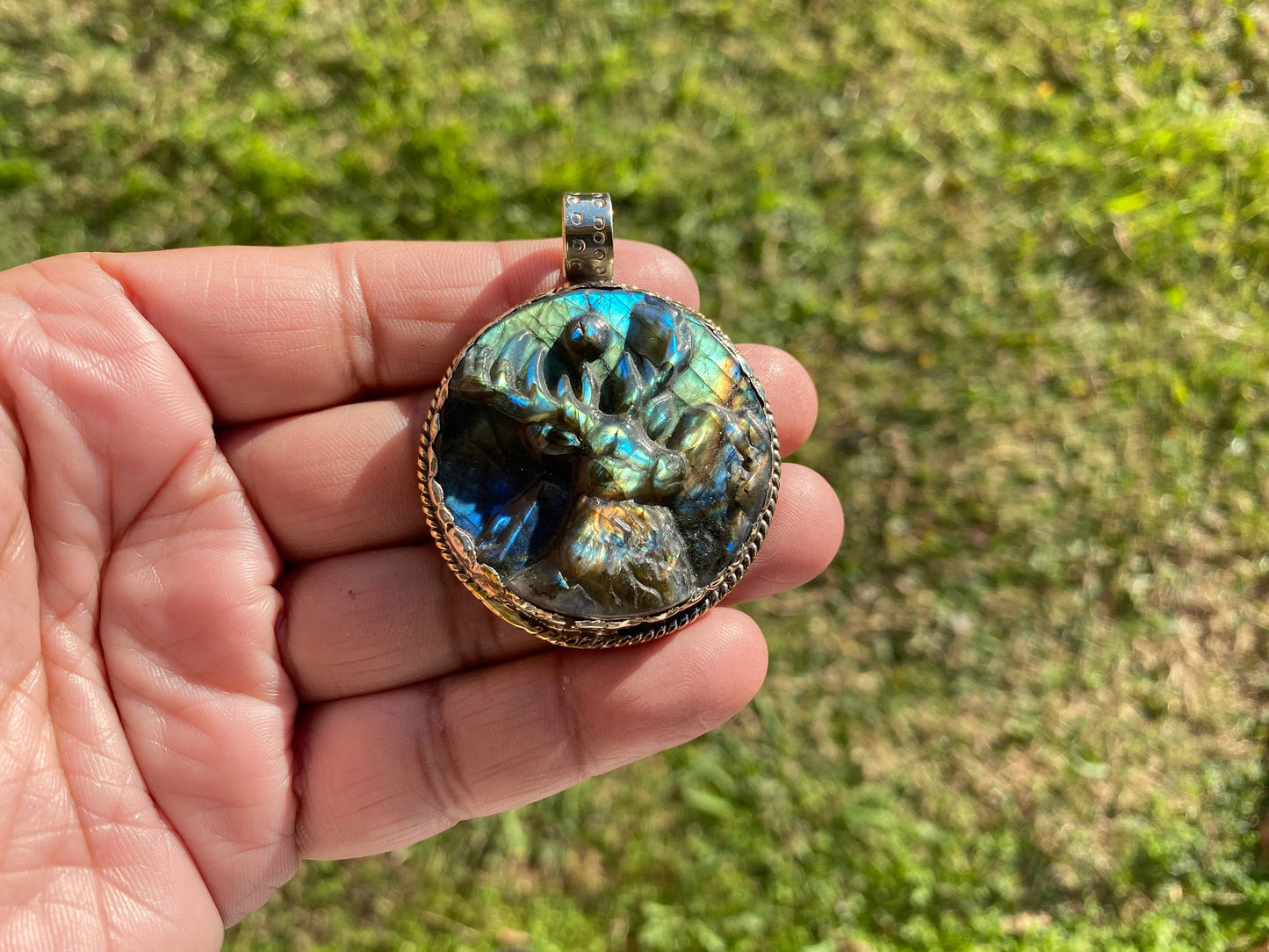 Hand Carved Deer Pendant, Natural Labradorite Tibetan Silver Necklace, Wildlife Jewelry, Unique Animal Carving Pendant, Animal Lover's Gift