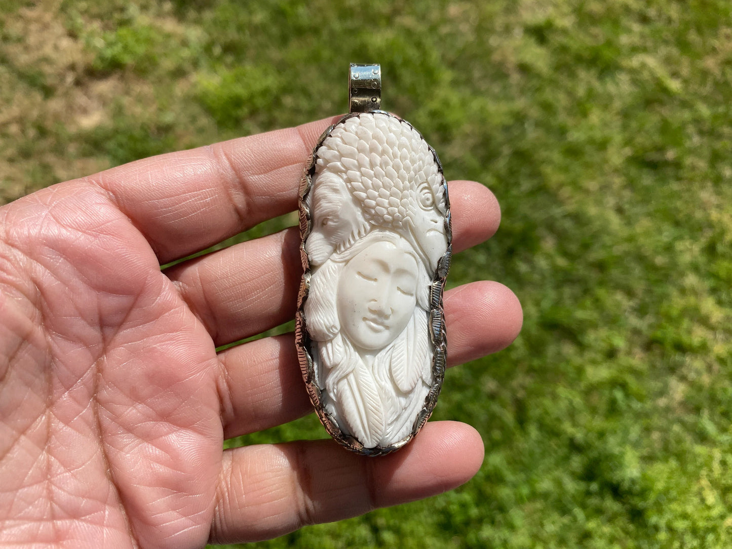 Bear & Eagle with Lady Face Hand Carved Buffalo Bone Tibetan Silver Pendant, Women's or Men Jewelry, Tribal Jewelry, Ethnic Bohemian Jewelry