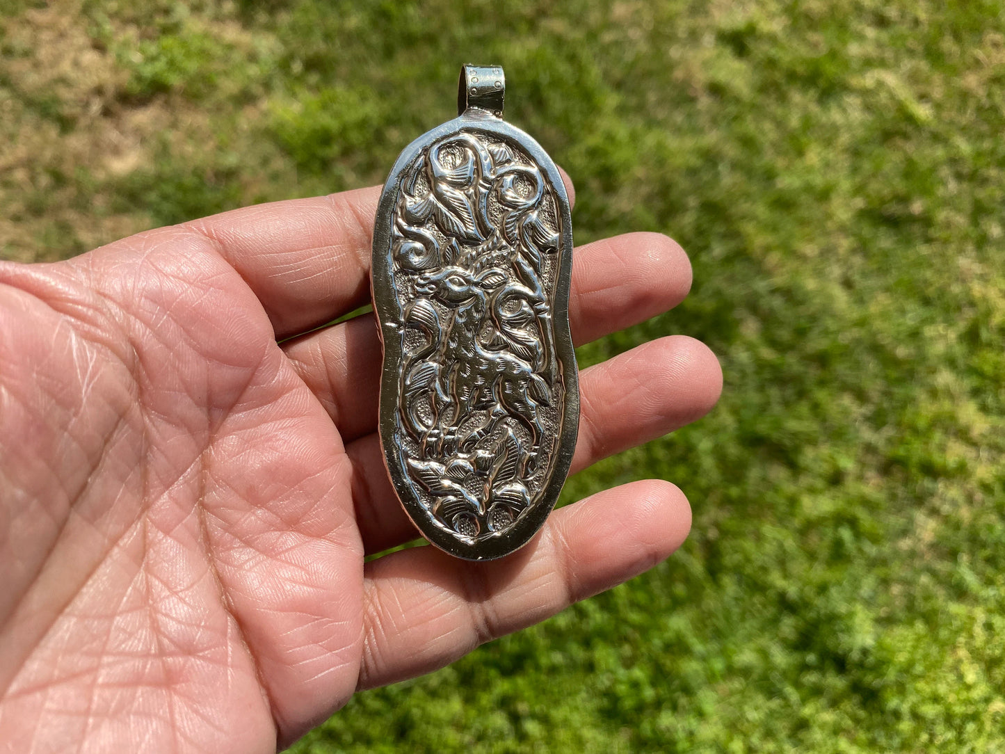 Bear & Eagle with Lady Face Hand Carved Buffalo Bone Tibetan Silver Pendant, Women's or Men Jewelry, Tribal Jewelry, Ethnic Bohemian Jewelry