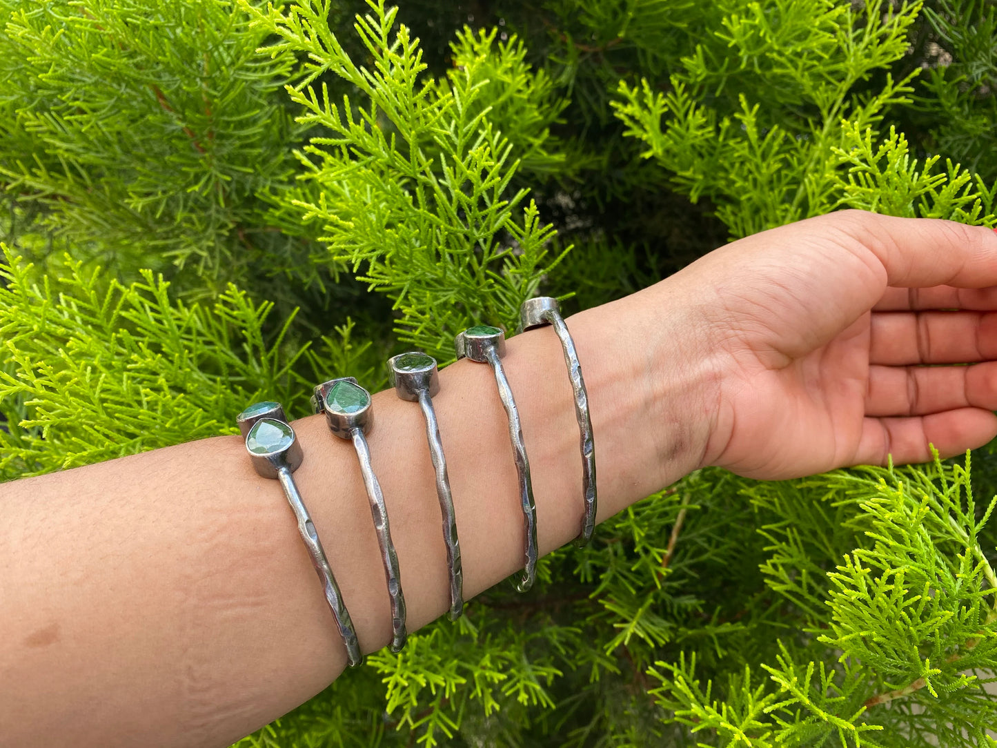 Large Adjustable Natural Emerald Antique Silver Cuff Bracelet | Hammered Oxidized Silver Overlay Jewelry, Unique Bracelet for daily use